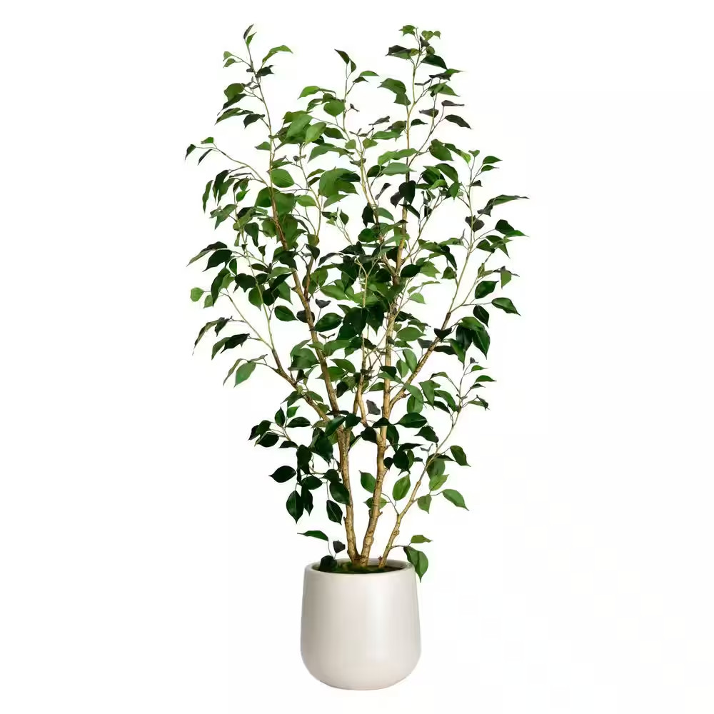 5 Ft. Artificial Ficus Tree in White Decor Pot, Faux Green Plant Indoor Home Dec