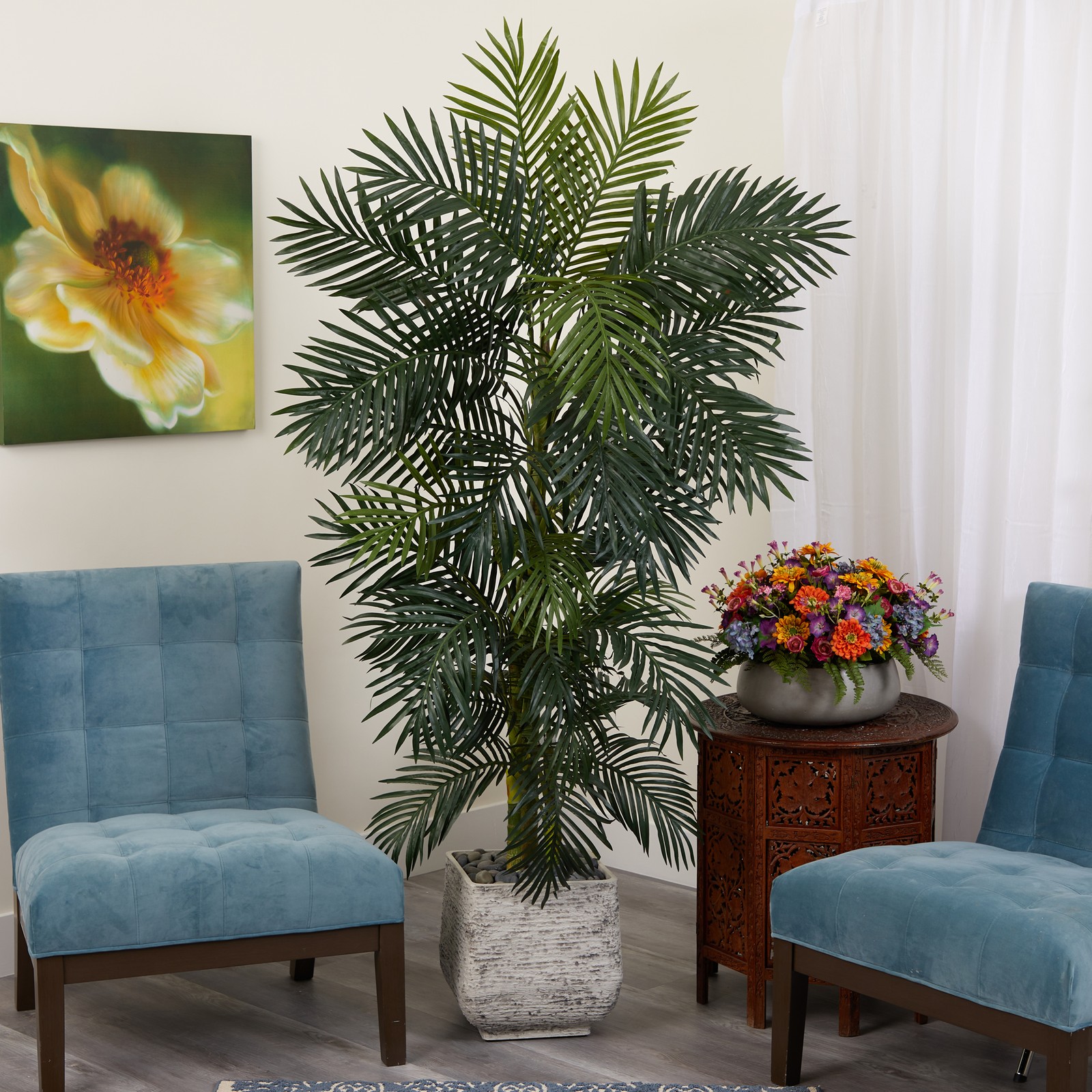 Nearly Natural 6.5ft Golden Cane Artificial Palm Tree in White Planter in Green