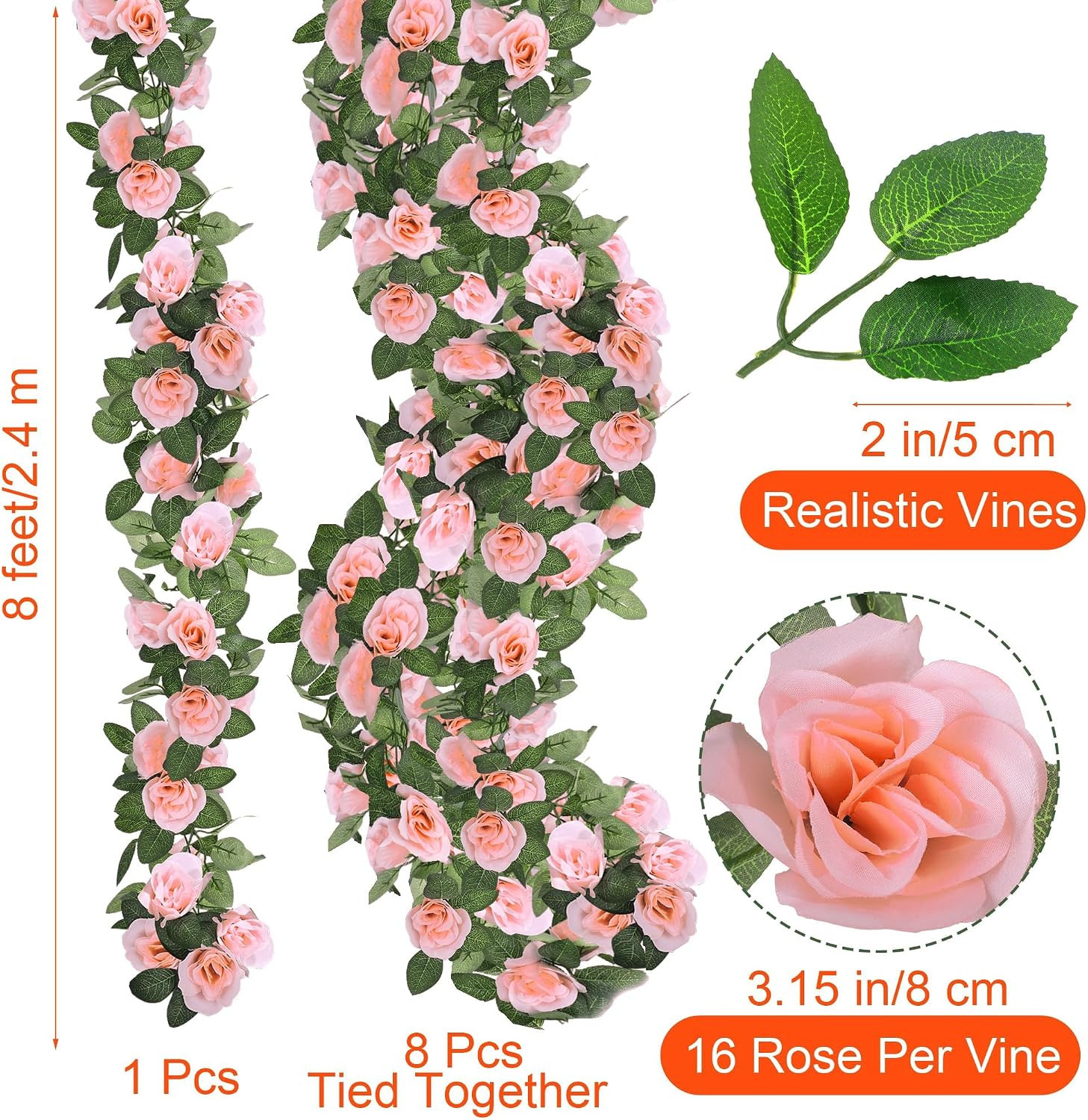 8 Pack 64 FT Pink Flower Artificial Rose Vines Roses Fake Vine Flowers Plants Pa