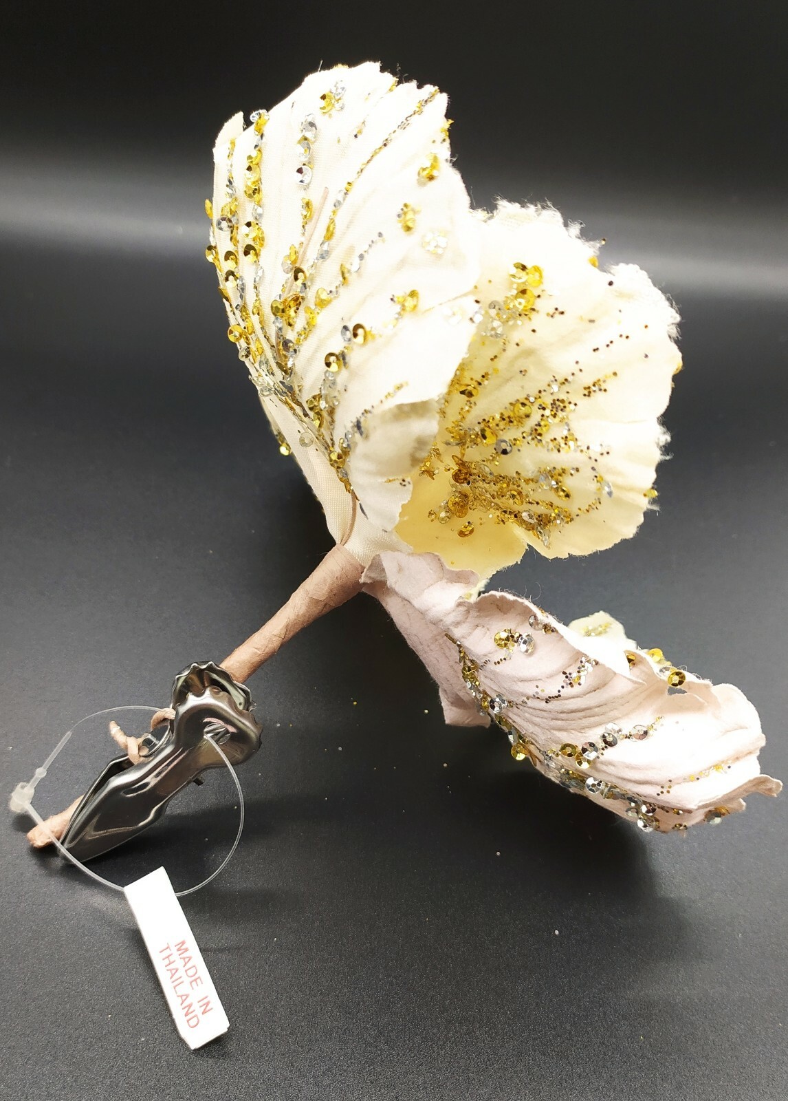 F011 Cream Hibiscus Glittered Clip On Christmas Decoration Artificial Flower