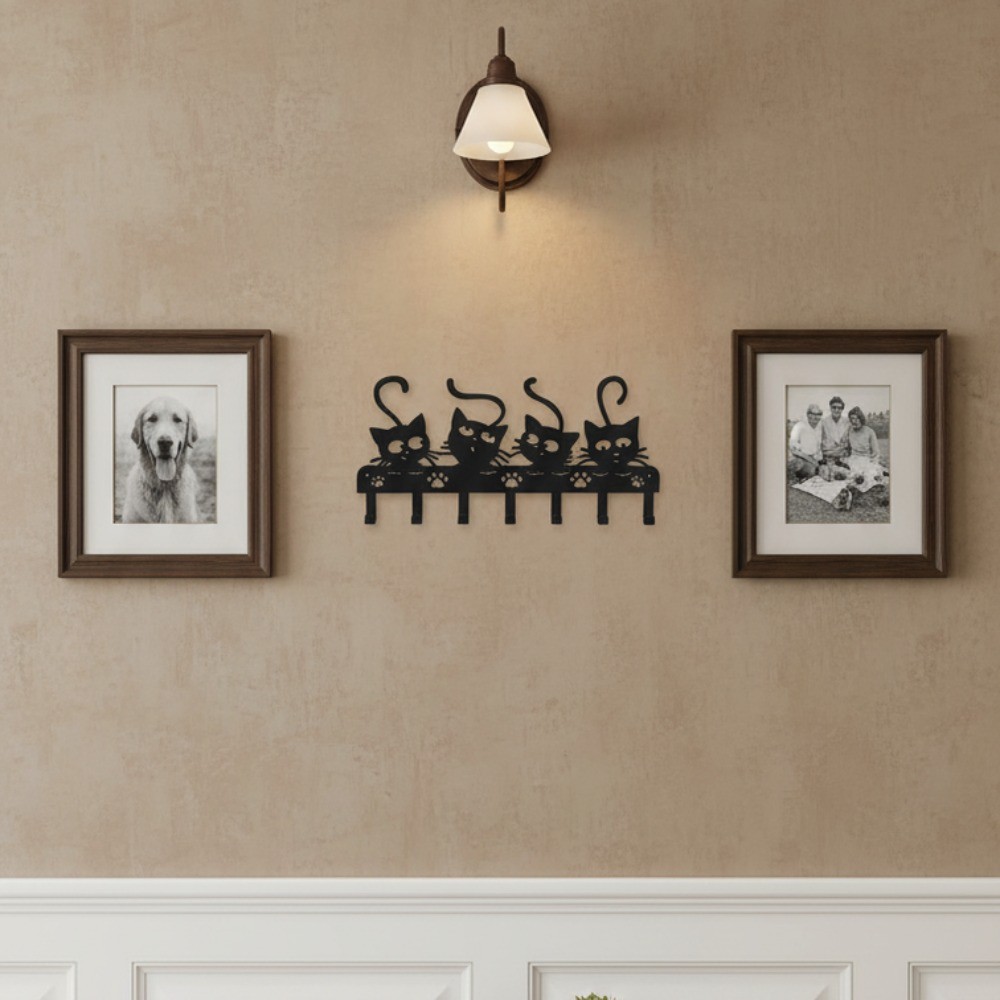 7-Claw Black Cat Halloween Key Holder – Iron Entryway Wall Decor Hooks