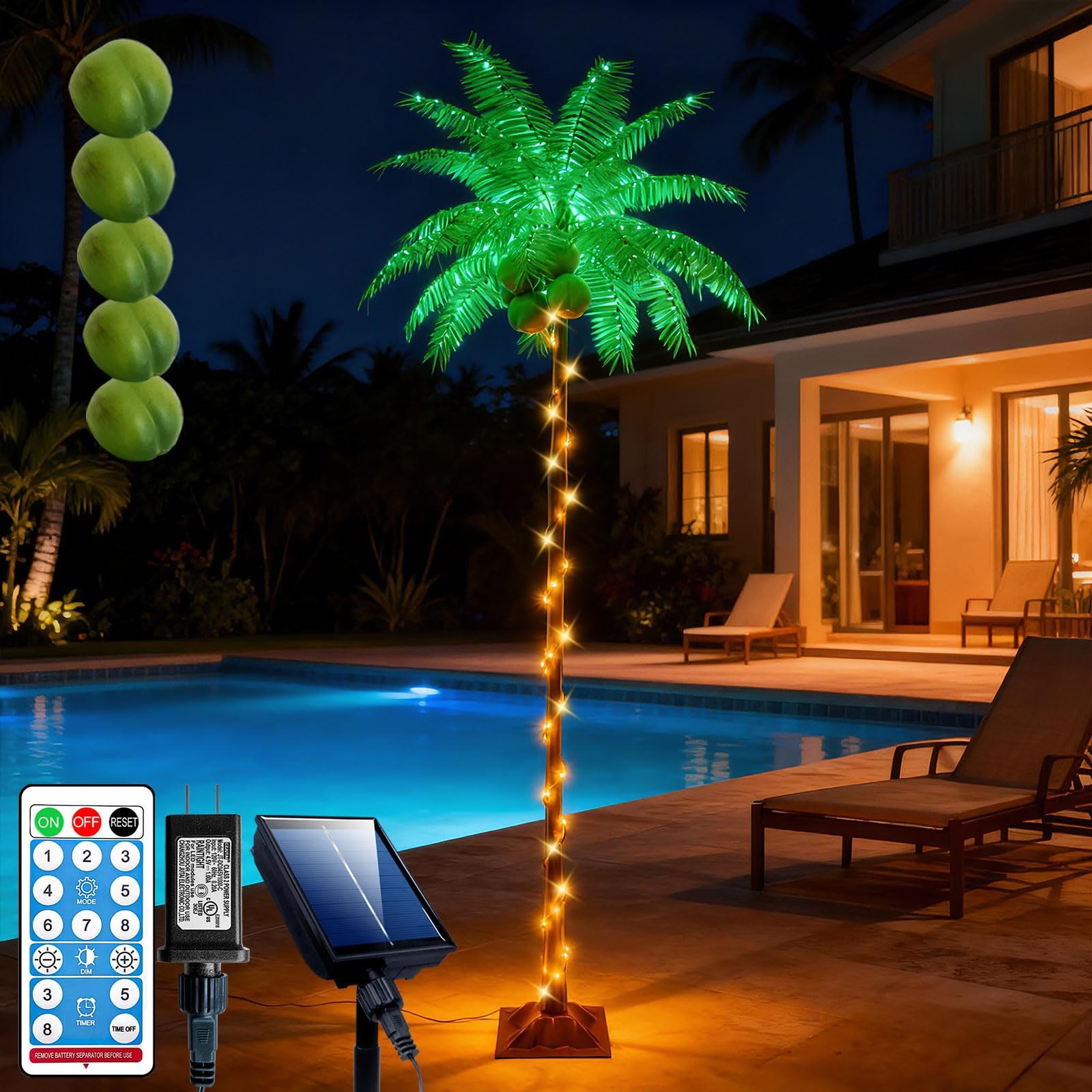 7FT Solar Plug In LED Palm Tree Artificial Fake Coconut Tiki Bar Outdoor 5 Cocon