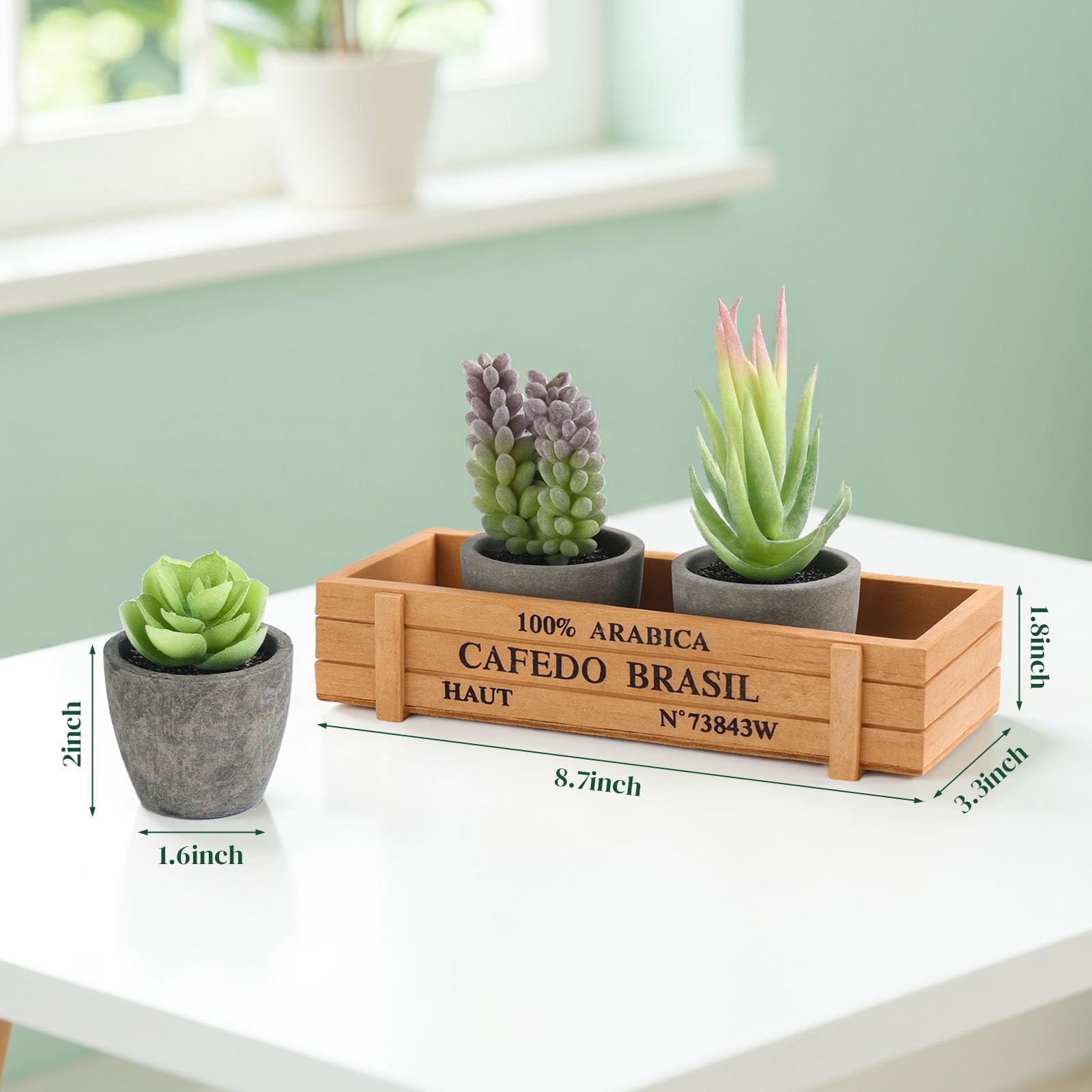 3 PCS Mini Potted Artificial Succulent Faux Plants With Wood Planter Box