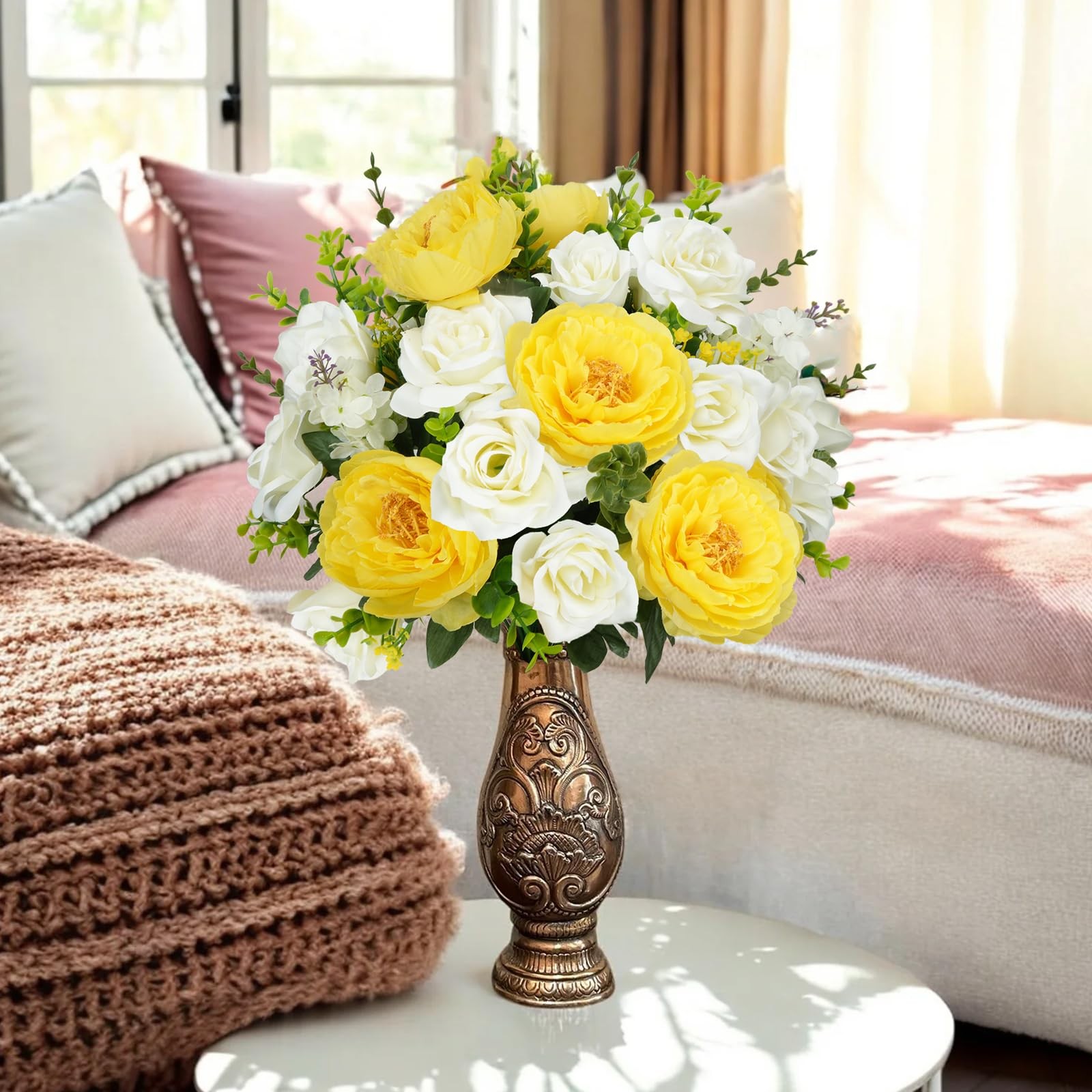 2 Bunches Spring Cemetery Flowers for Grave Yellow Roses Artificial Flowers 1…