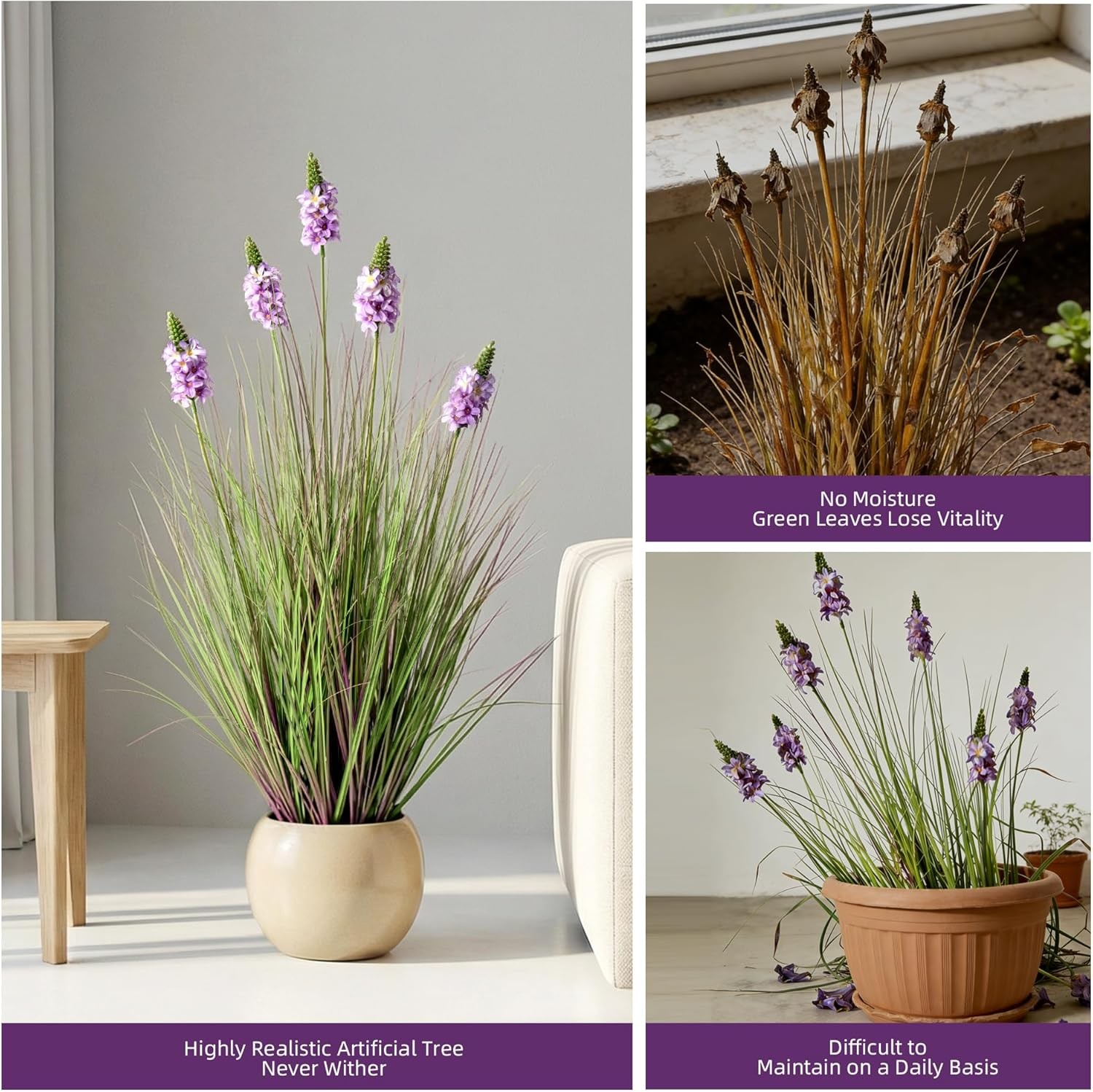 Tall Artificial Grass with Lilac Flowers 35.4In Green
