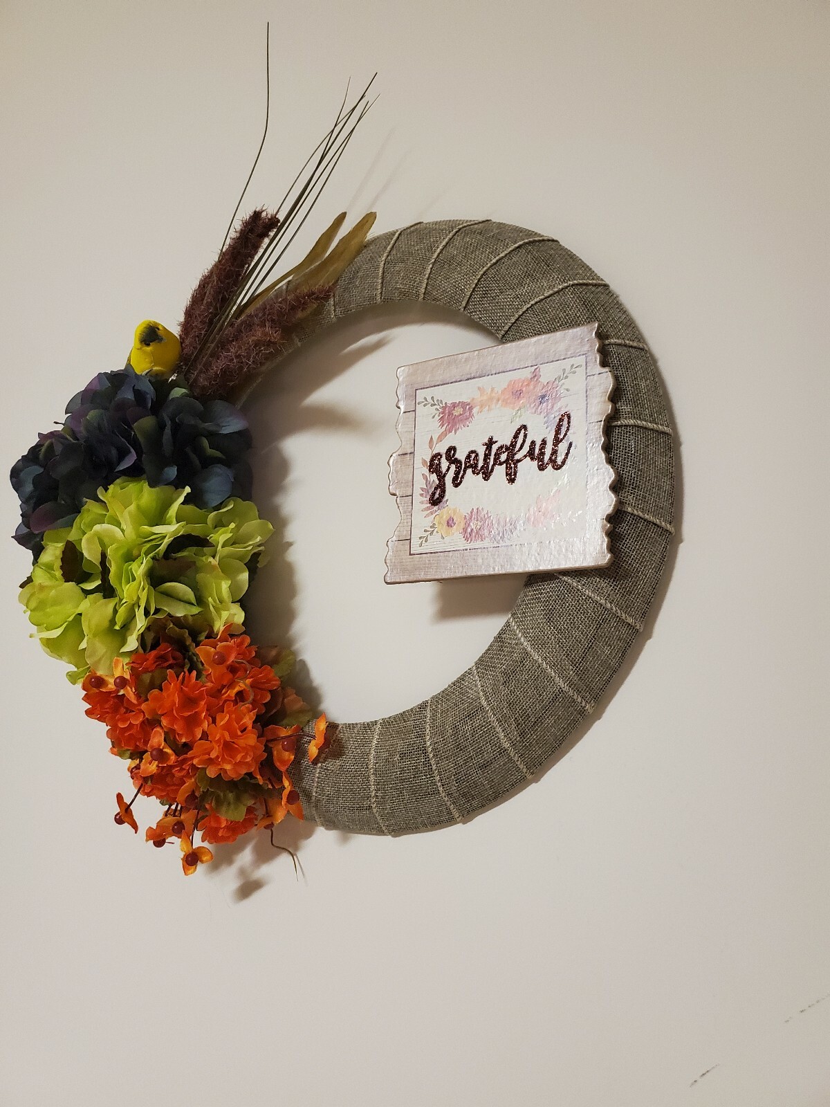 GRATEFUL wreath FLOWER Hydrangeas Foxtail burlap FALL autumn Decor Front Door 15