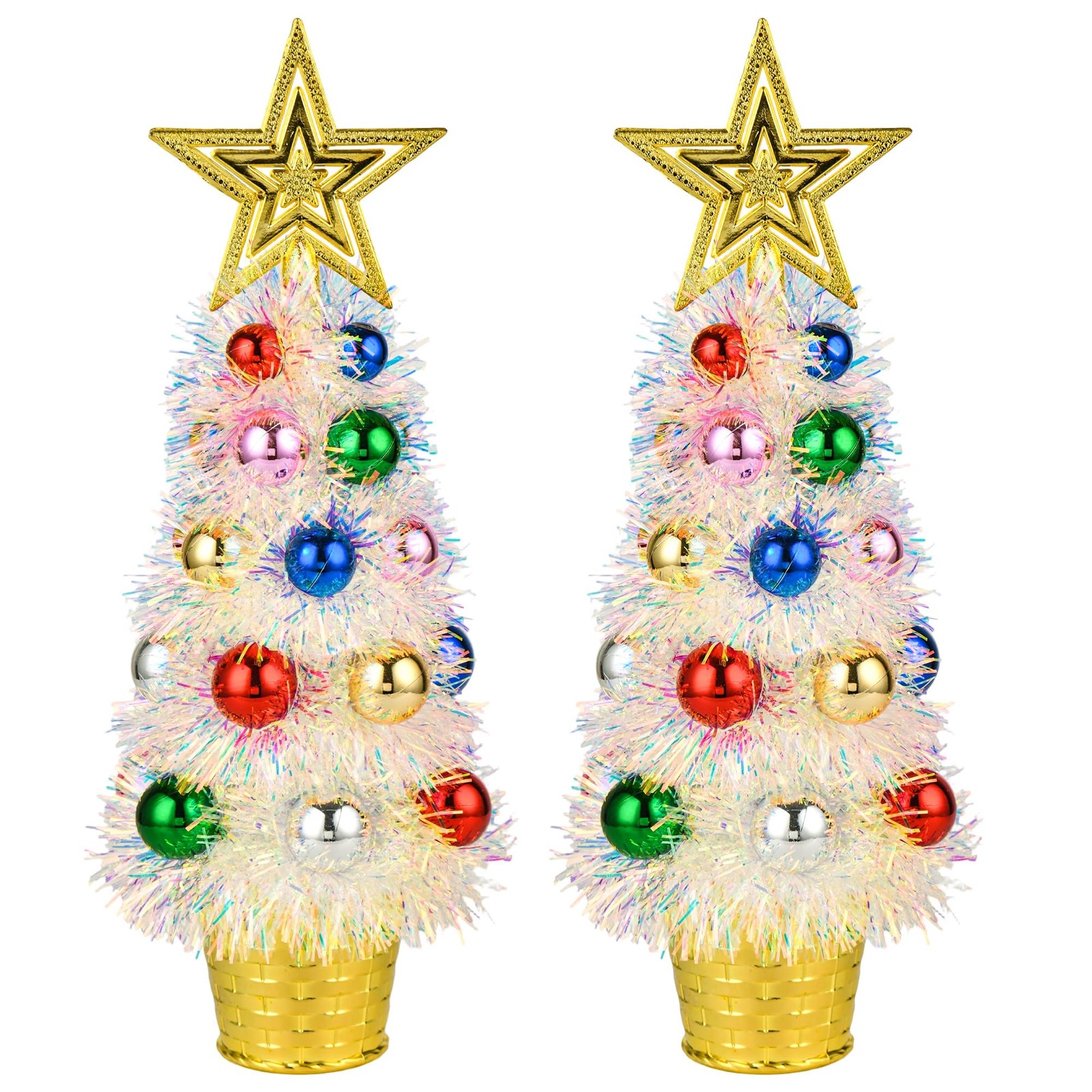 2 PCS 14 Inch Mini White Tinsel Tabletop Christmas Trees Multicolored Decor