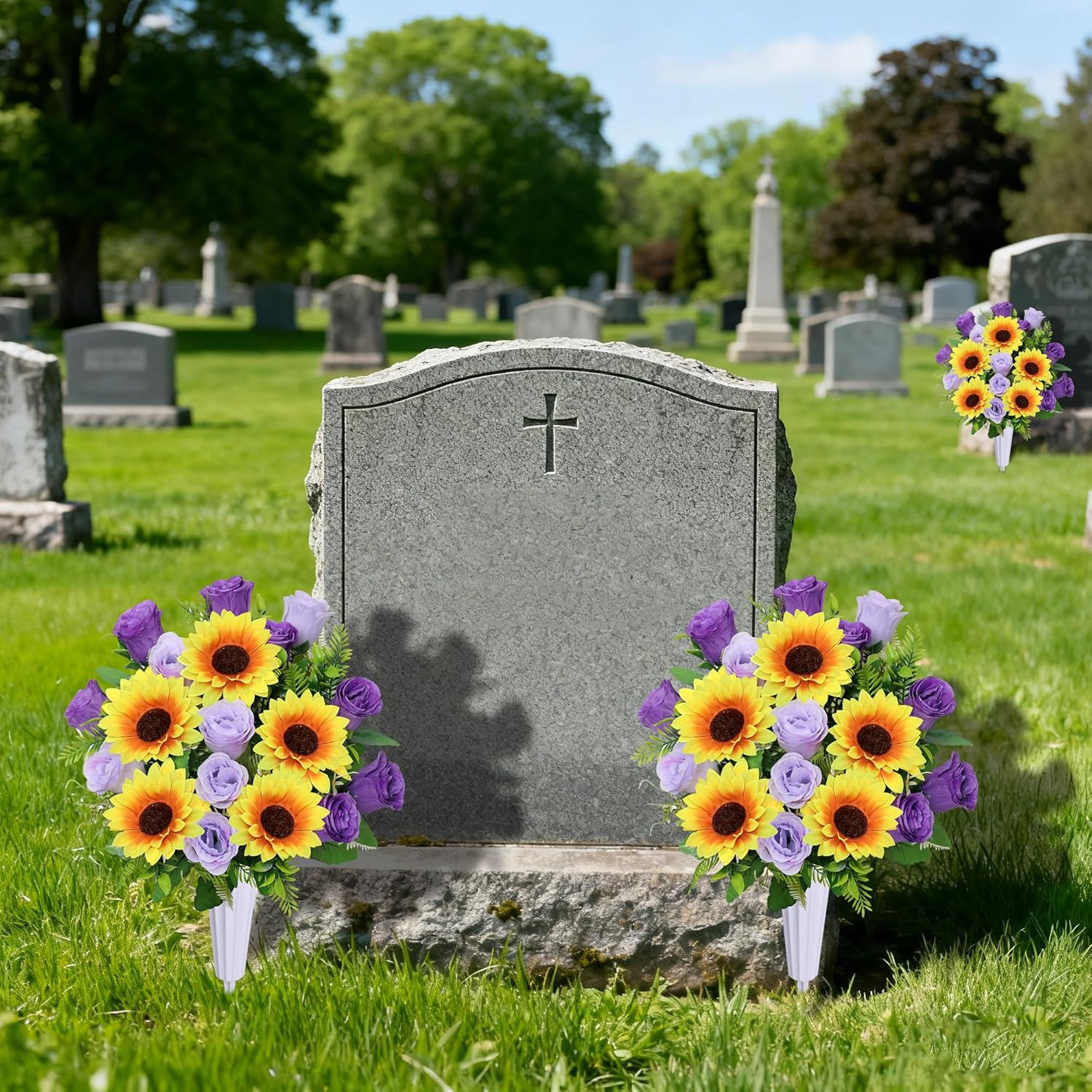 ,Set of 2 Artificial Rose Sunflower Bouquet Graveyard Memorial Flowers for Outdo