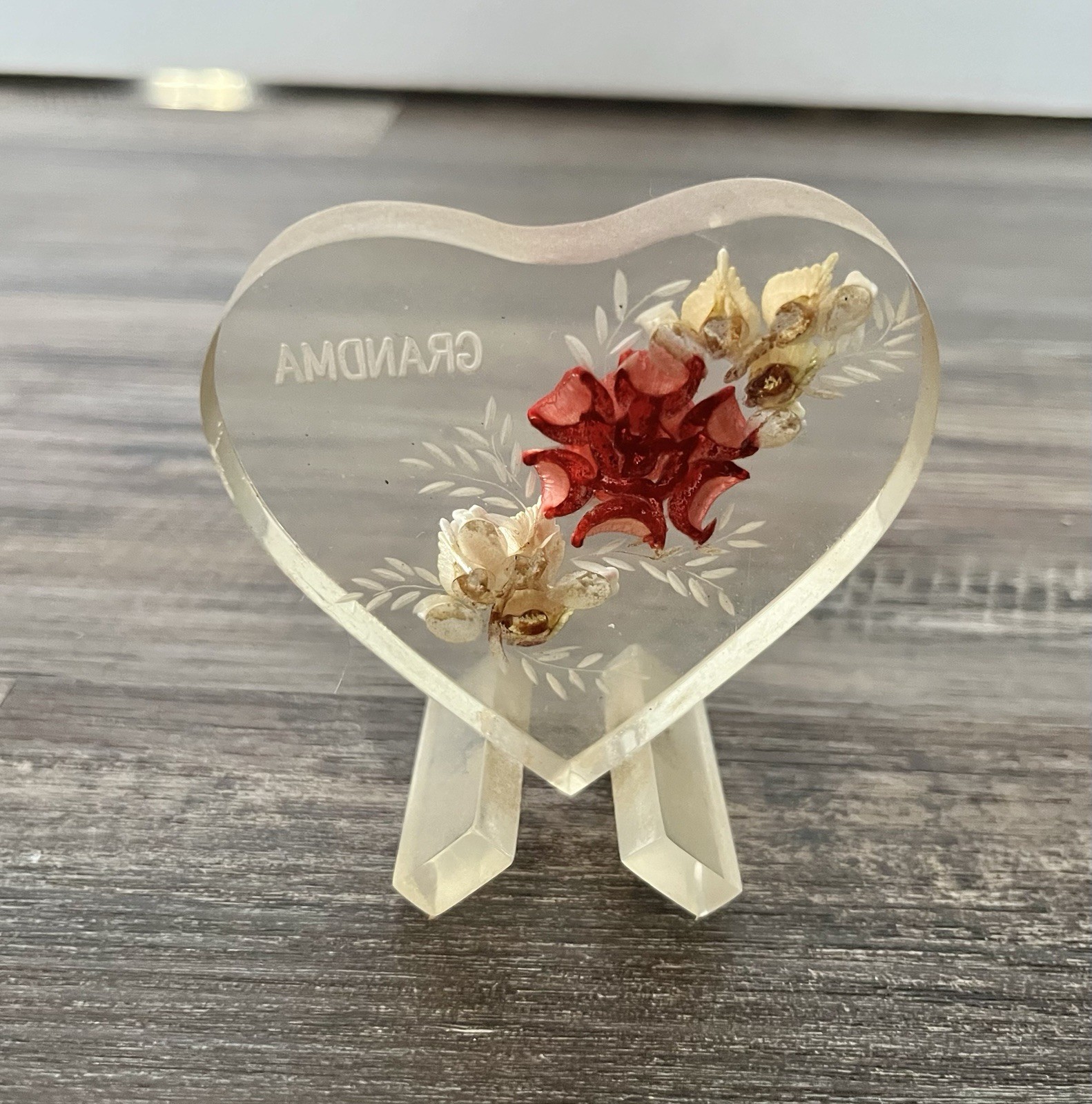 Vntg Grandma Rose Flower Floral Acrylic Heart Decor Trinket Mothers Day Birthday
