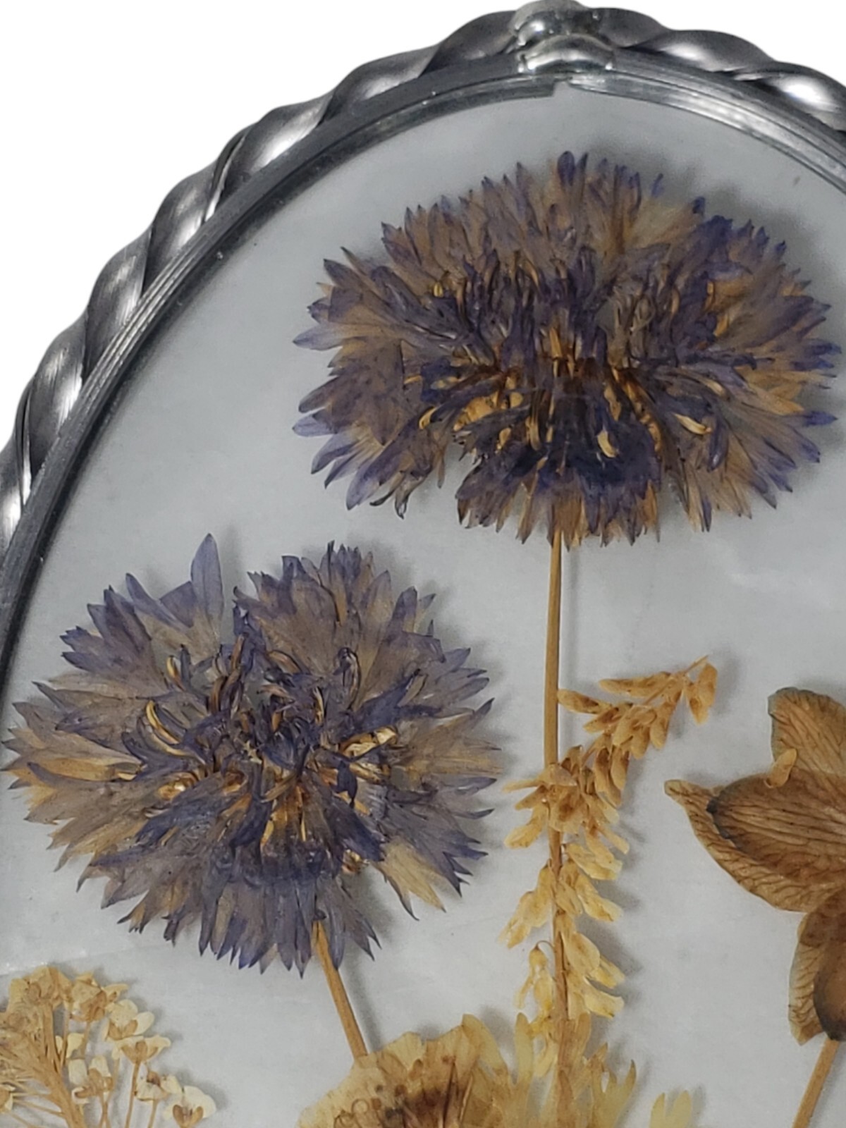 Vintage Lasting Impressions Real Dried Pressed Flowers In Glass W/ Pewter Frame