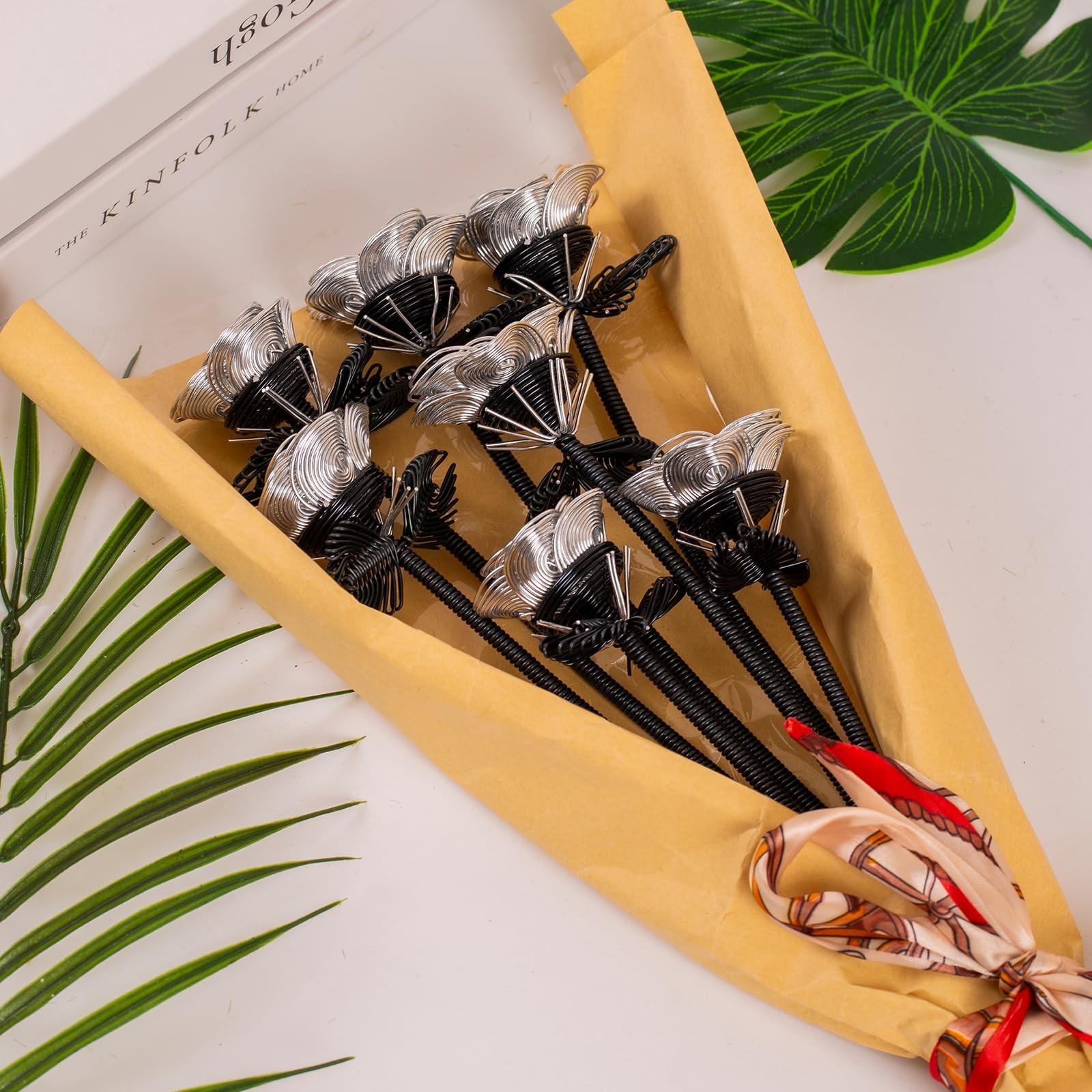 6 PCS Silver Black Metal Artificial Bouquet Roses Fake Flowers Table Decor