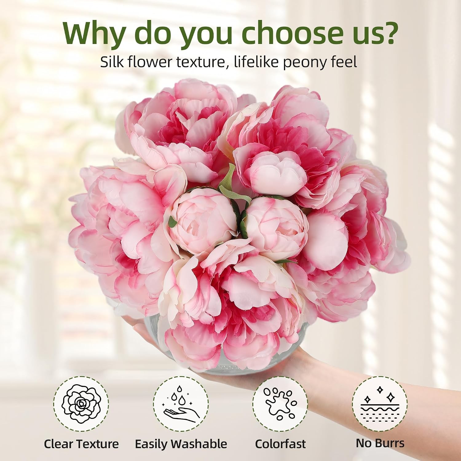 Peonies 7-Count Artificial Silk Bouquet Flower in Glass Vase with Faux Water