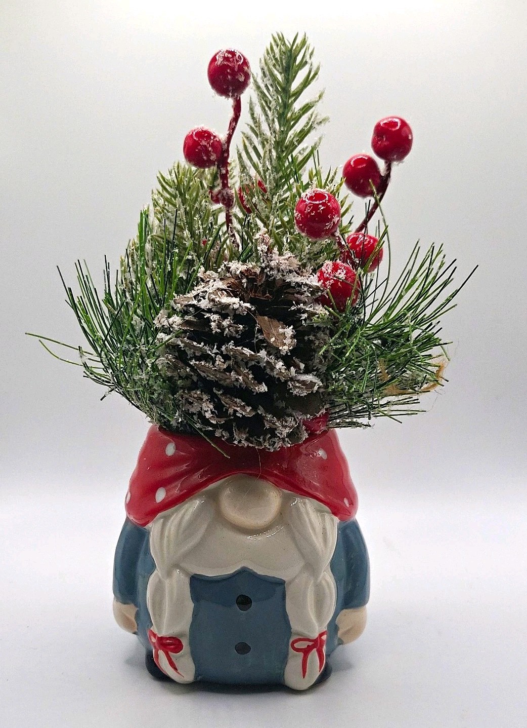 Artificial Christmas Pine & Berry Arrangement w/ Ceramic Santa Gnome 8 Inch