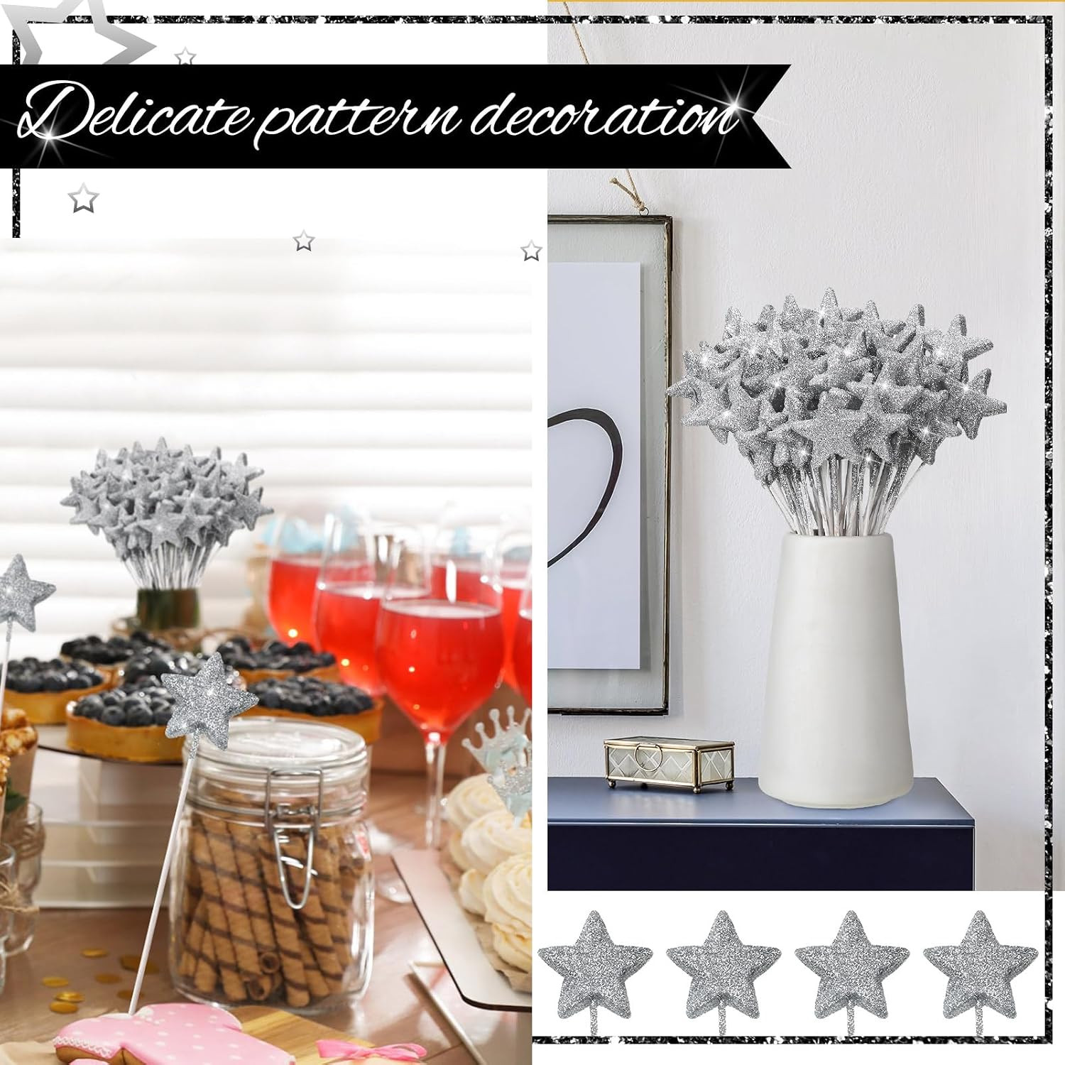 60 Pcs Silver Star Floral Picks 8” Glitter Silver Star Centerpiece Table Decor