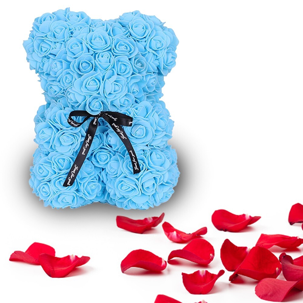 2023 Light Blue Rose Flower Teddy Bear with Gift Box -25cm Valentines & Birthday