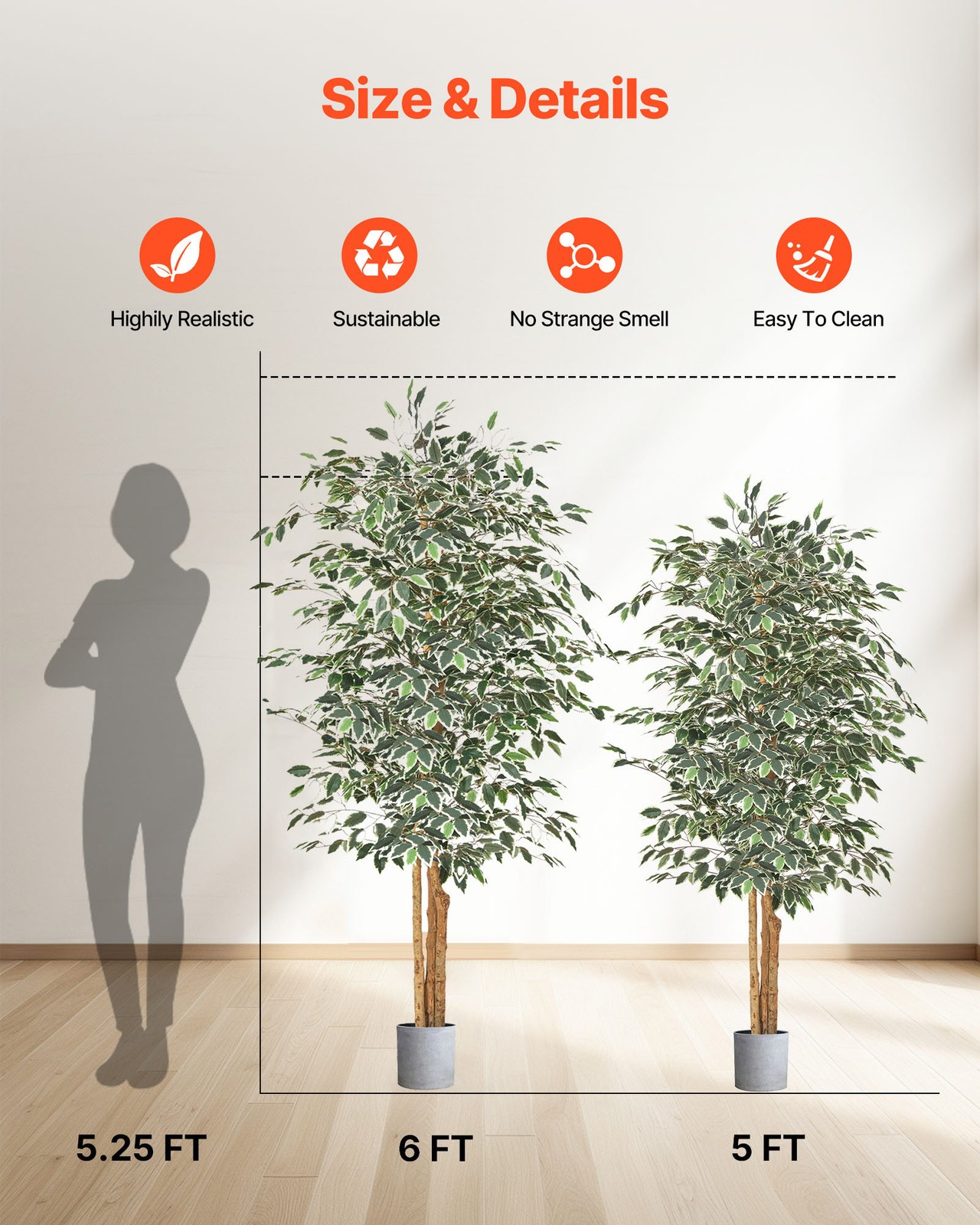 VEVOR 6FT Artificial Ficus Tree Tall Faux Plant with Black Pot for Indoor Decor