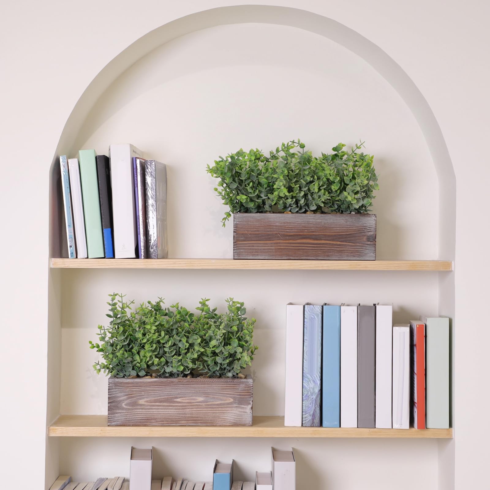 2 Pack Artificial Eucalyptus Plant Wooden Box 11.4×3.7×7.8 Inch Faux Greenery