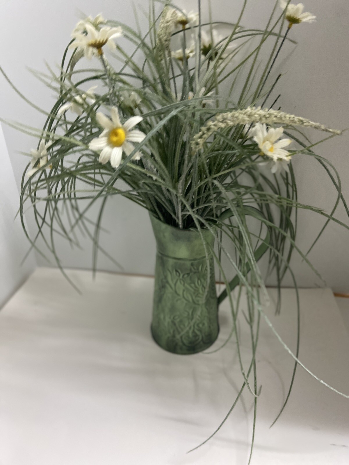 Silk Flowers in a Green Metal Pitcher 18 inches high