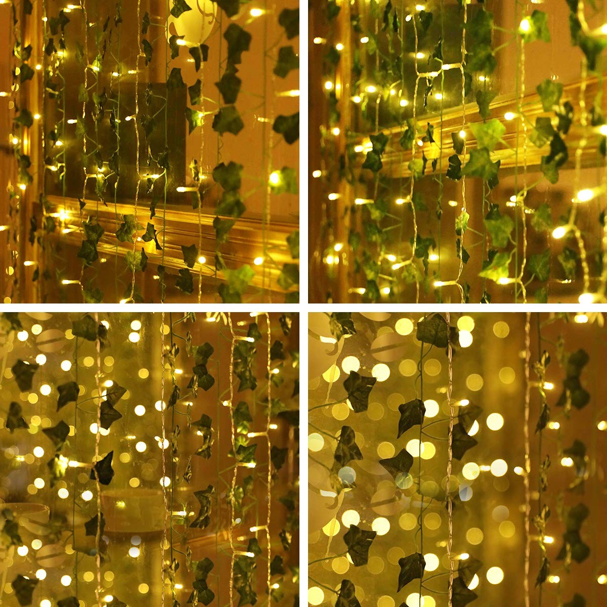 12 Pack Artificial Ivy Leaf Plants with 240 Window Curtain String Lights, Fak…