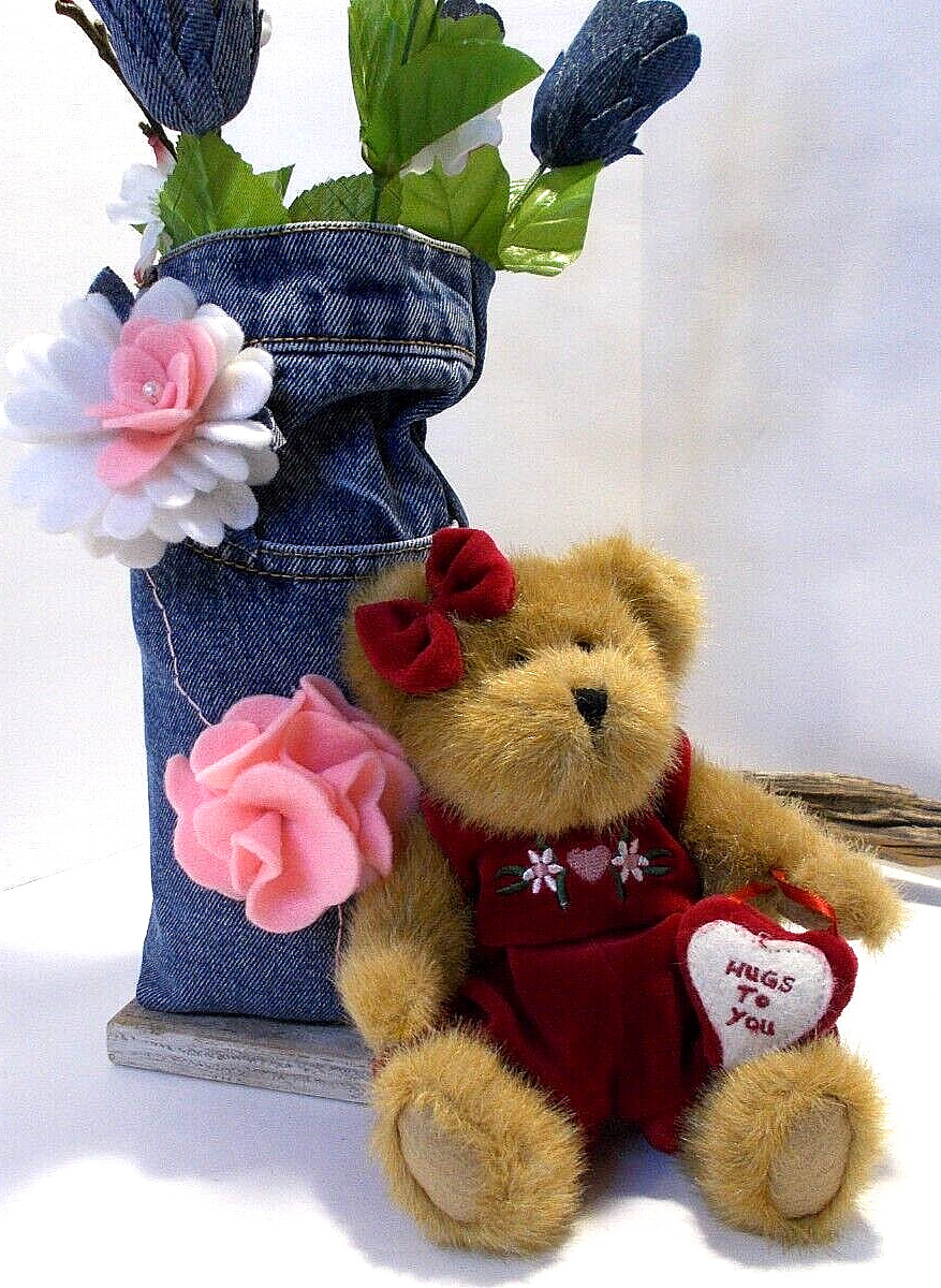 Denim Roses & Flowers in Recycled Denim Jeans Vase and Sm Valentines Hugs Bear