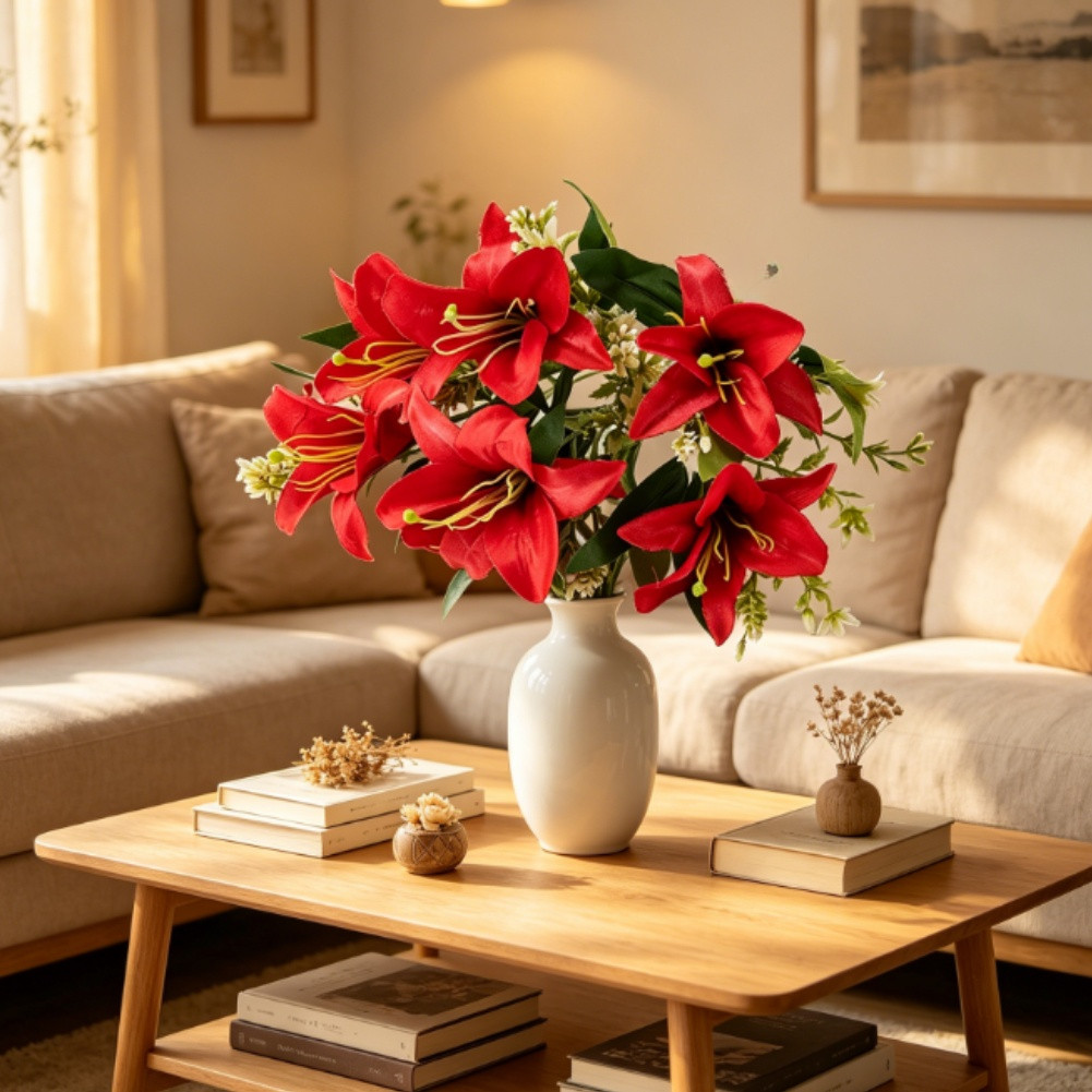 Silk Lily Flower Bouquet 7 Blooms Wedding Home Decor Table Centerpiece Red