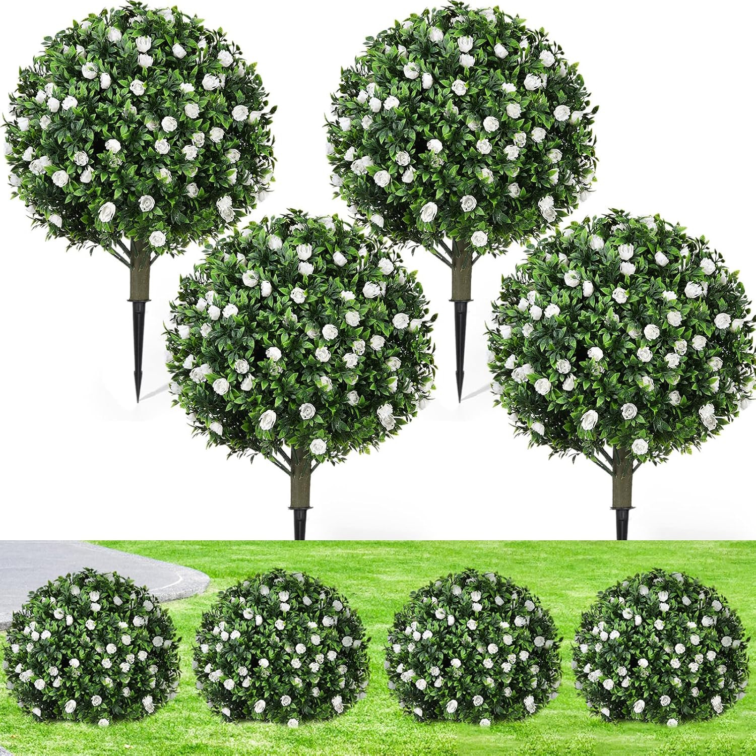 Set of 4 UV Resistant 24″ Faux Topiary Ball Trees for Outdoor Decor