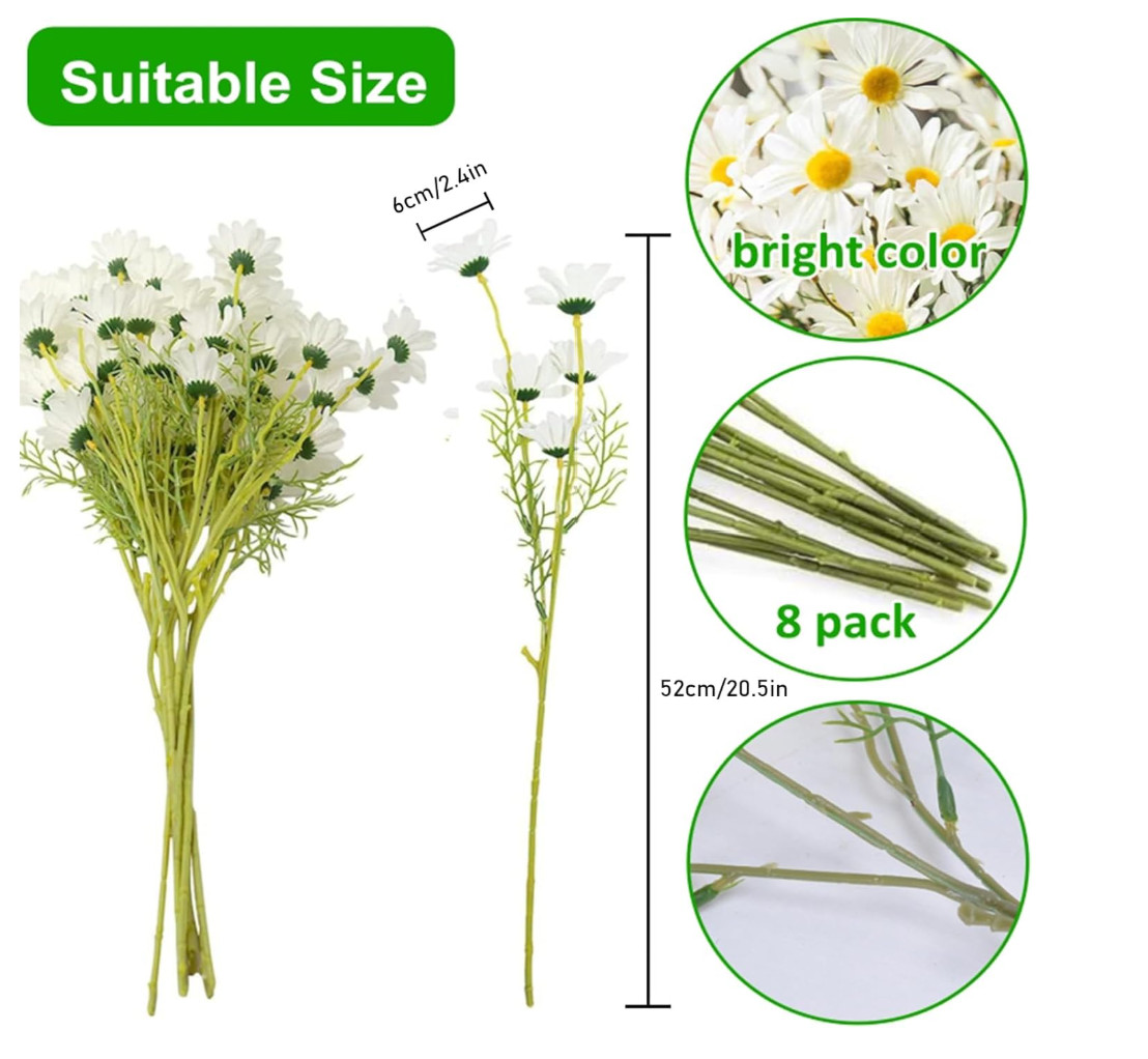 Artificial Flowers 8 Bundles 20” White Artificial Daisy Flowers | UV Resistant