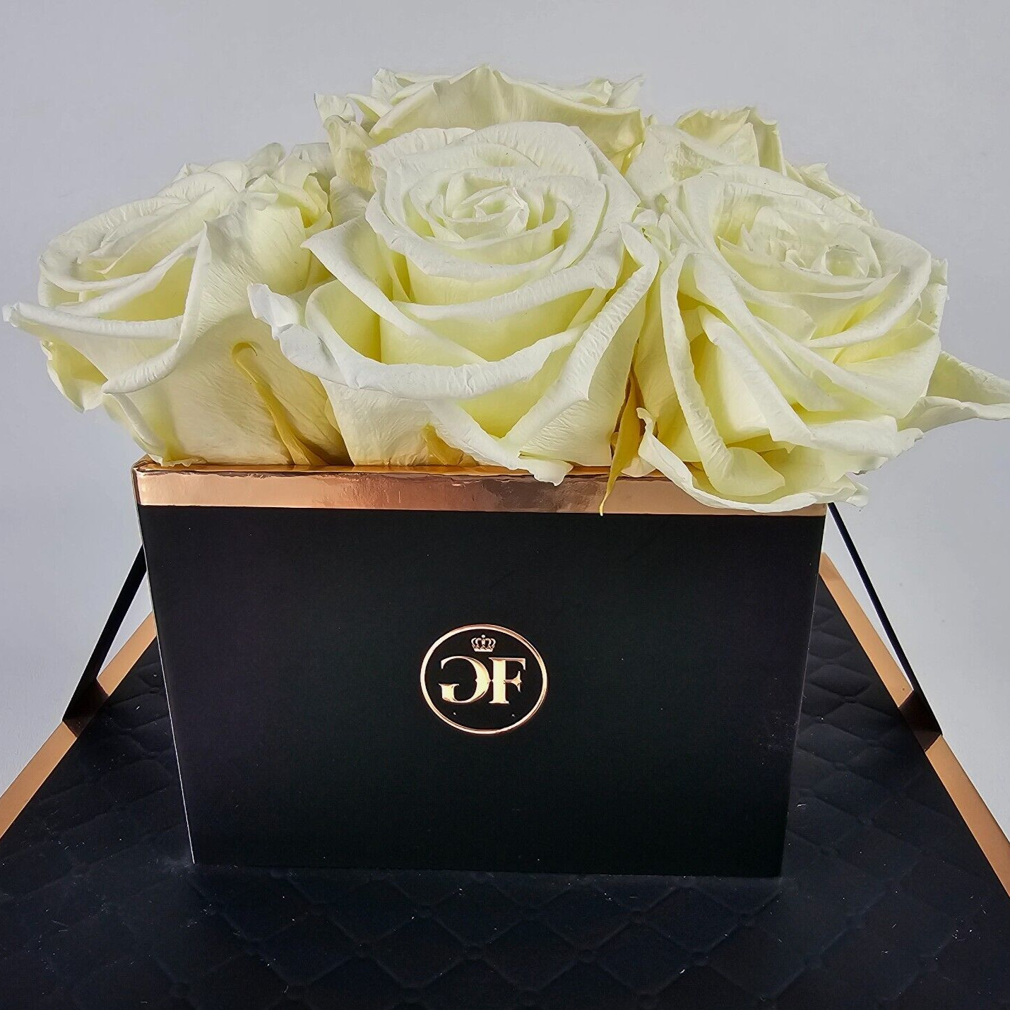Glam Fleur Preserved 9 White Cream Real Roses in Square Gift Box