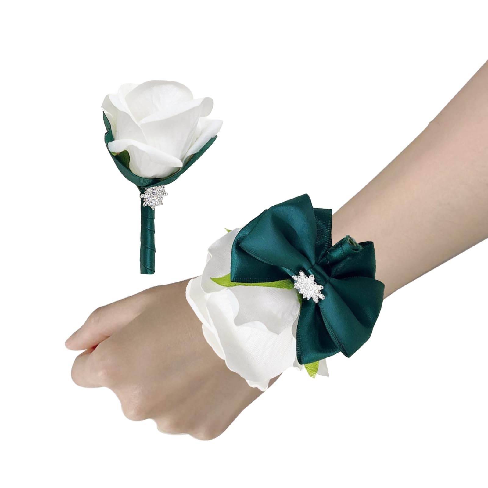 Green Corsage Boutonniere Set Elegant Artificial Rose Flower Prom Wedding