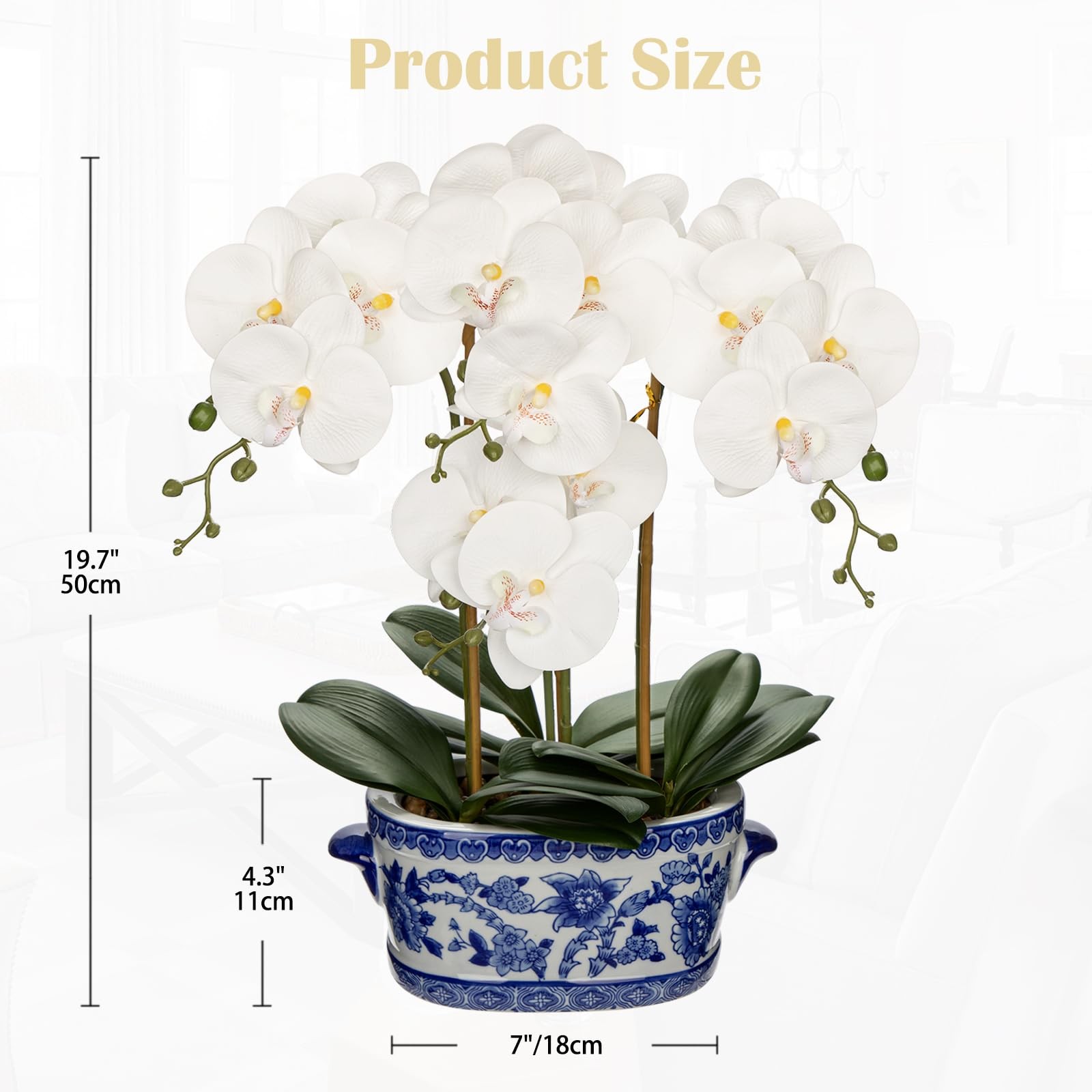 Orchid Artificial Flowers in Blue and White Porcelain Pot 19.7″ White Faux Si…