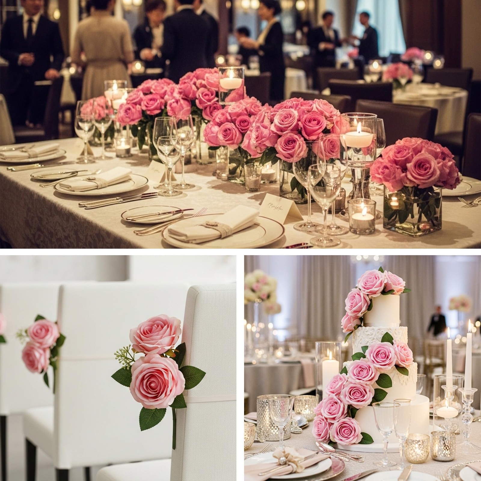 Artificial Velvet Silk Fake Pink Roses Realistic Floral Centerpieces 60 PCS