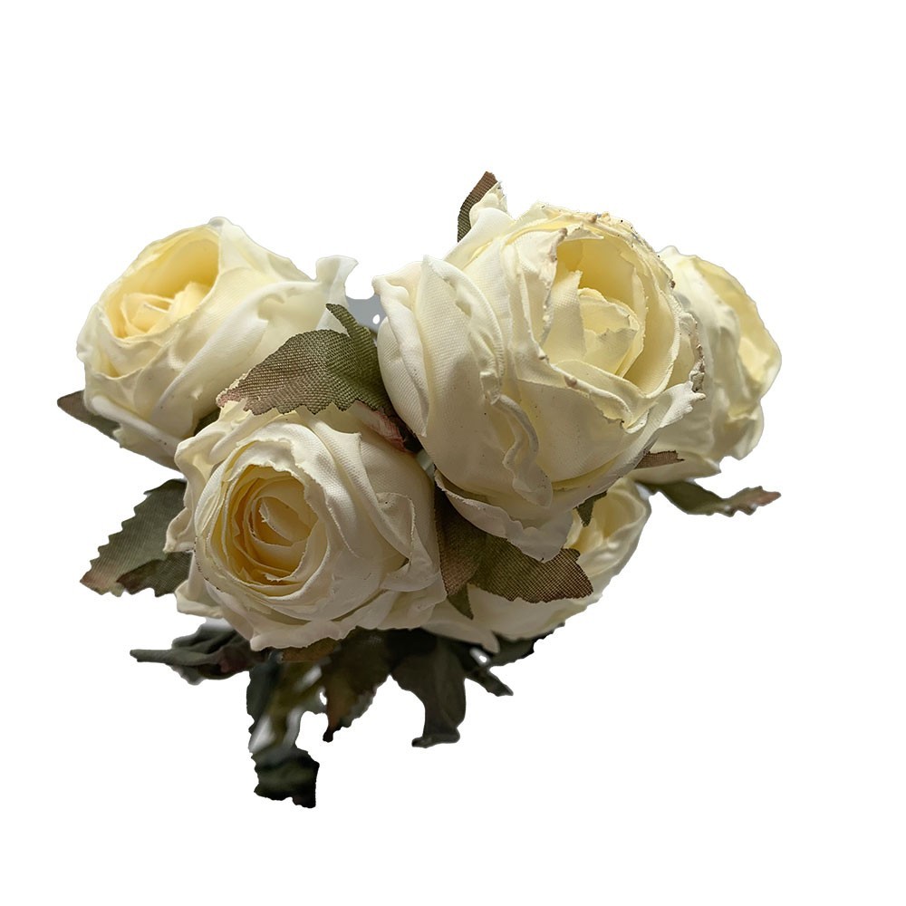 Dry Look Faux Silk Rustic Rose Flower and Leaf Stem 5 Heads 43cm/17in Ivory
