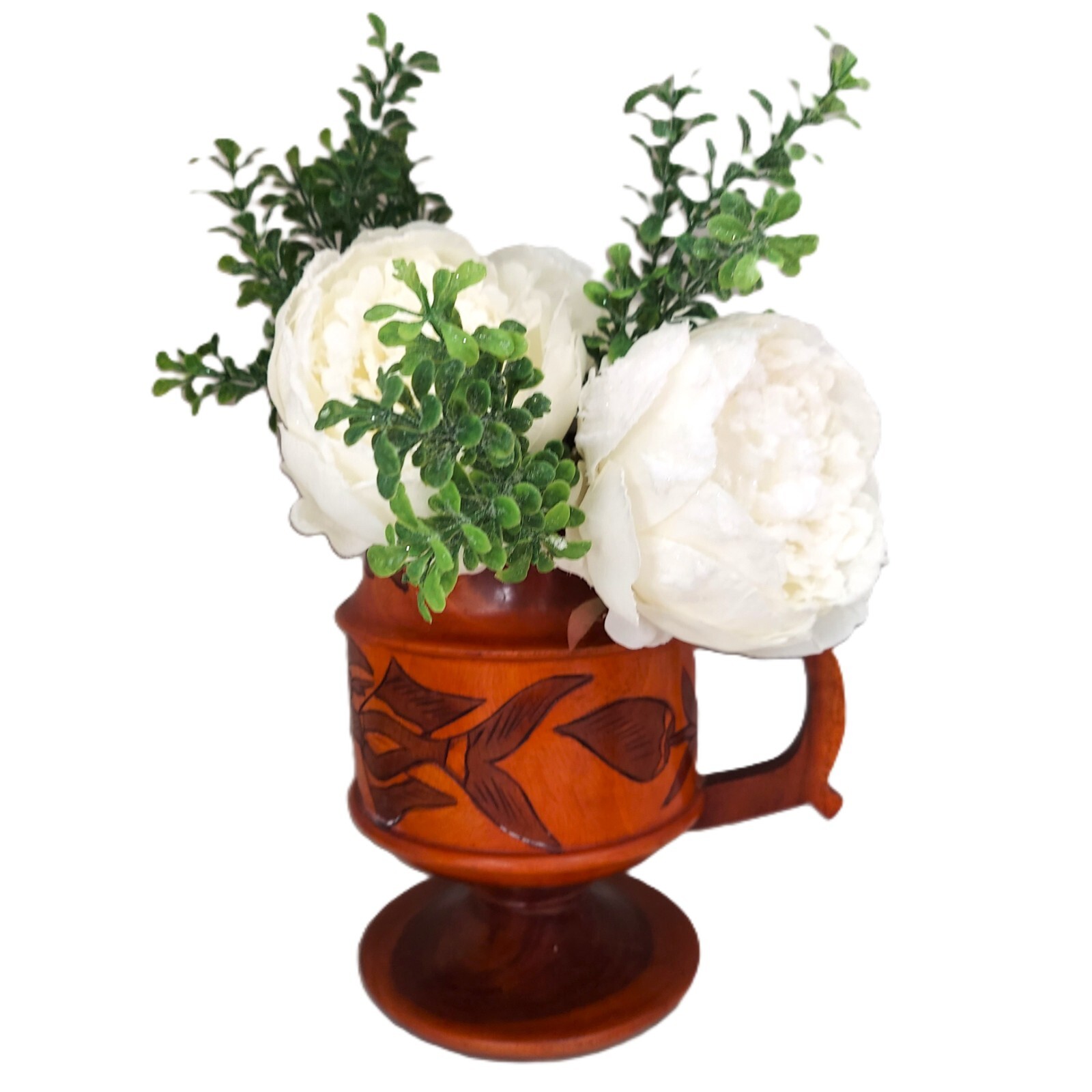 White Peonies in Hand Carved Teak Polynesian Tiki-style Wood Pitcher Arrangement