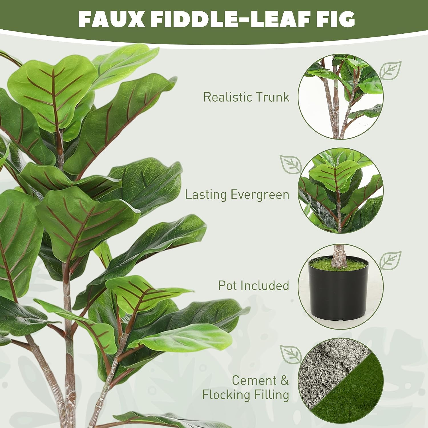 Artificial Fiddle Leaf Fig Tree with Pot, 43″, Green | 28 PEVA Leaves, Flocked S