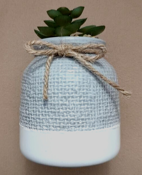 Rustic Ceramic Succulent Vase Jute Bow Textured Gray & White Planter Home Decor