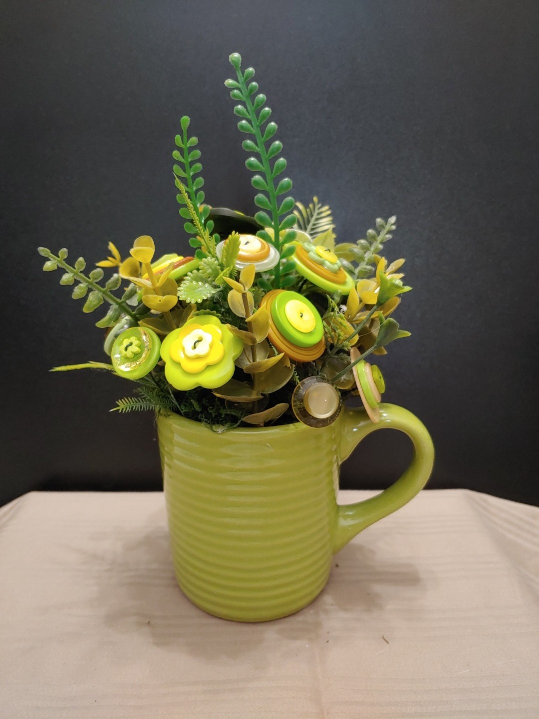 Green Yellow Button Flower Bouquet In Lime Green Coffee Mug Vintage
