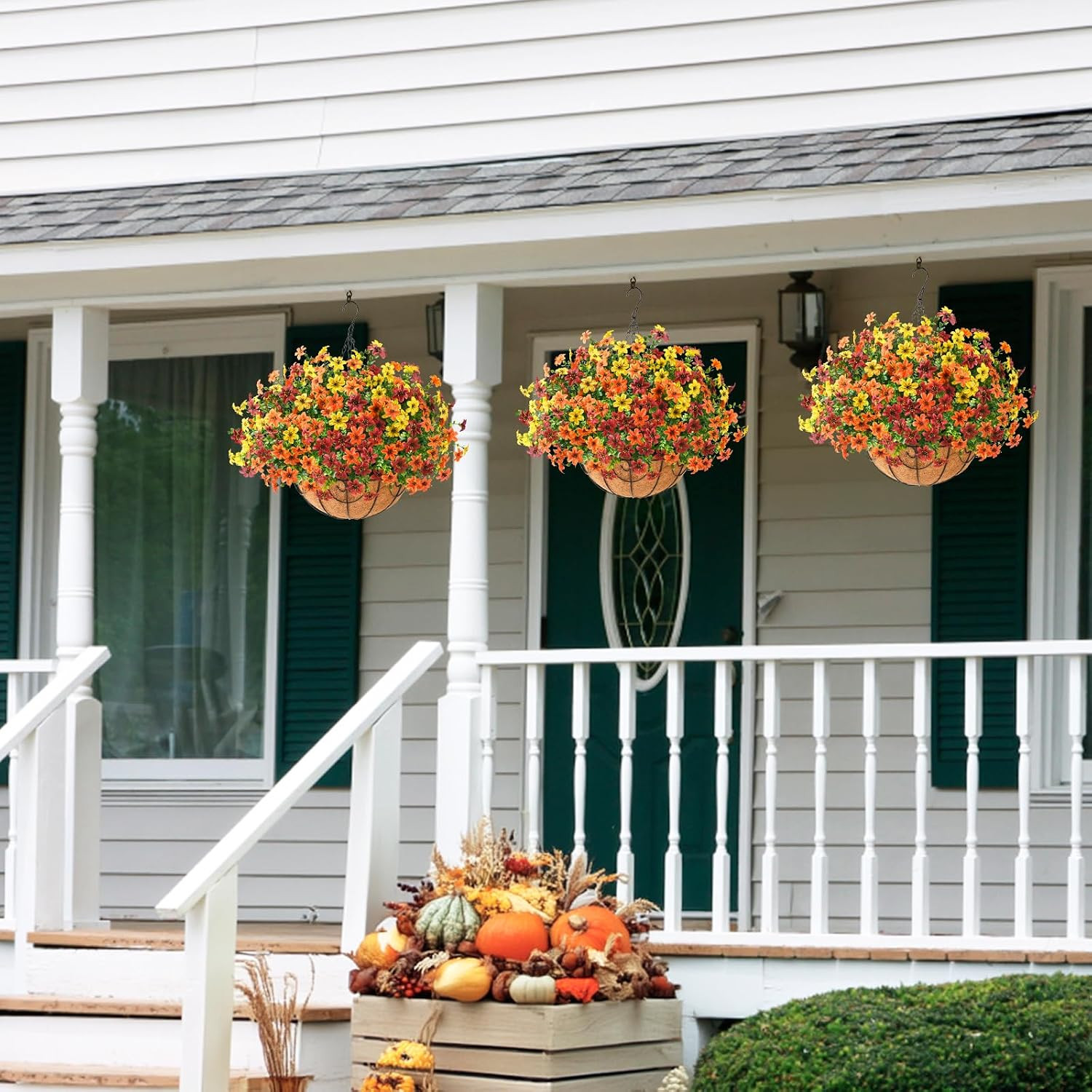 12 Pcs Faux Fall Flowers in Hanging Basket | UV Resistant Silk Daisy Decor