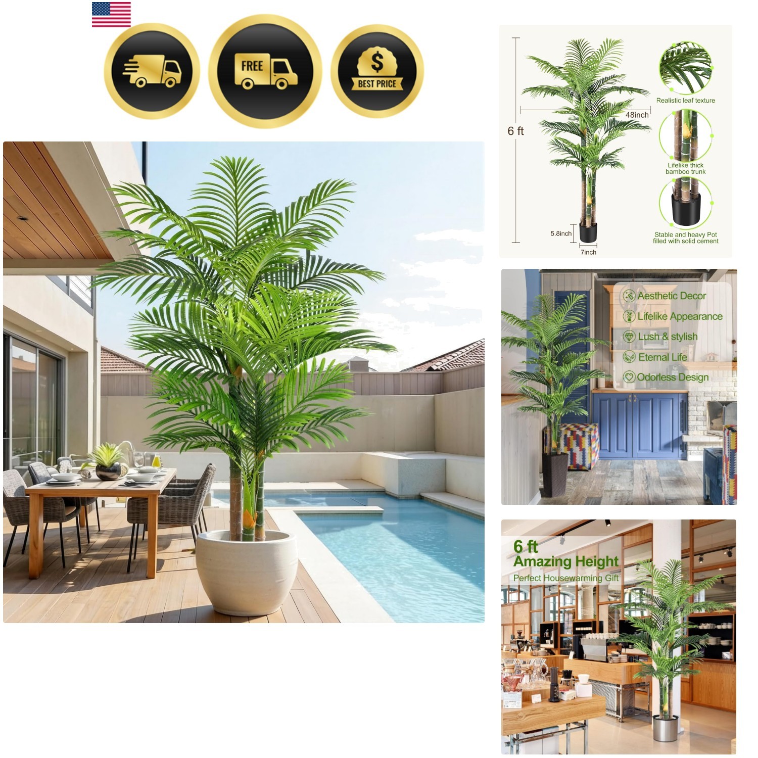 6ft Tall Triple Golden Cane Palm Artificial Tree Large Tropical Palm Tree UV …