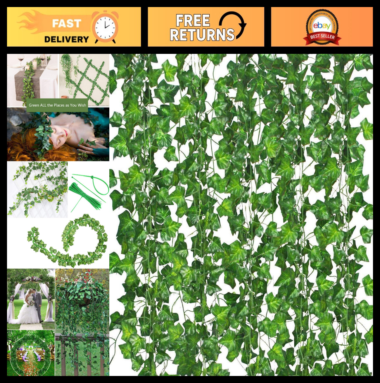 252 FT Artificial Ivy Vine Garland – 36 Pack Greenery Leaves for Home, Garden, W