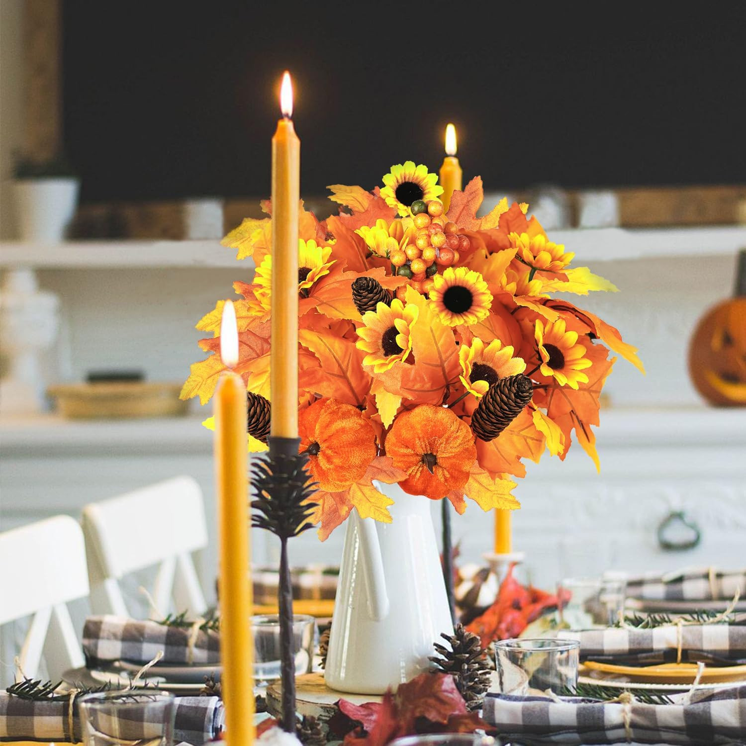 2PCS Fall Artificial Flowers Decoration Maple Leaf Stem Pumpkin Branch Sunflower