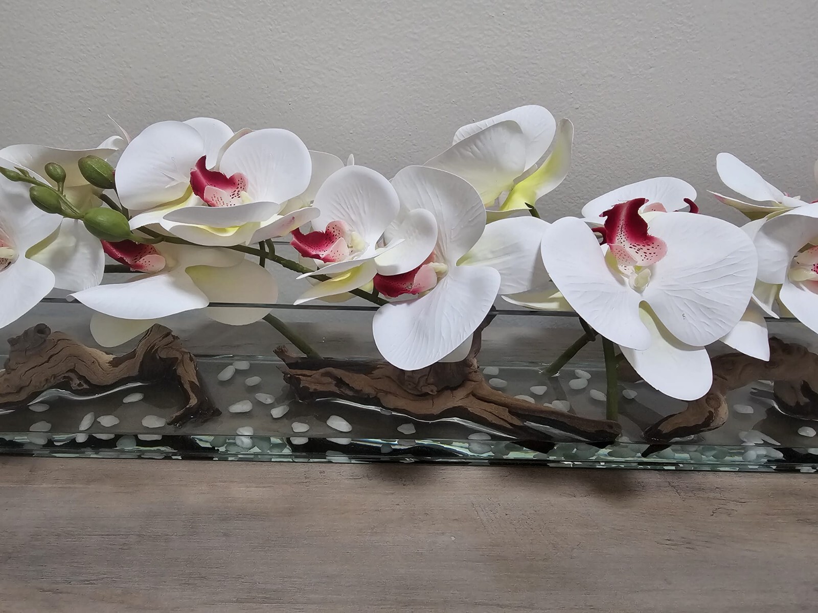 Floral Arrangement, Casa Moderna Glass Plate  W/ Faux White Orchids & Succulents