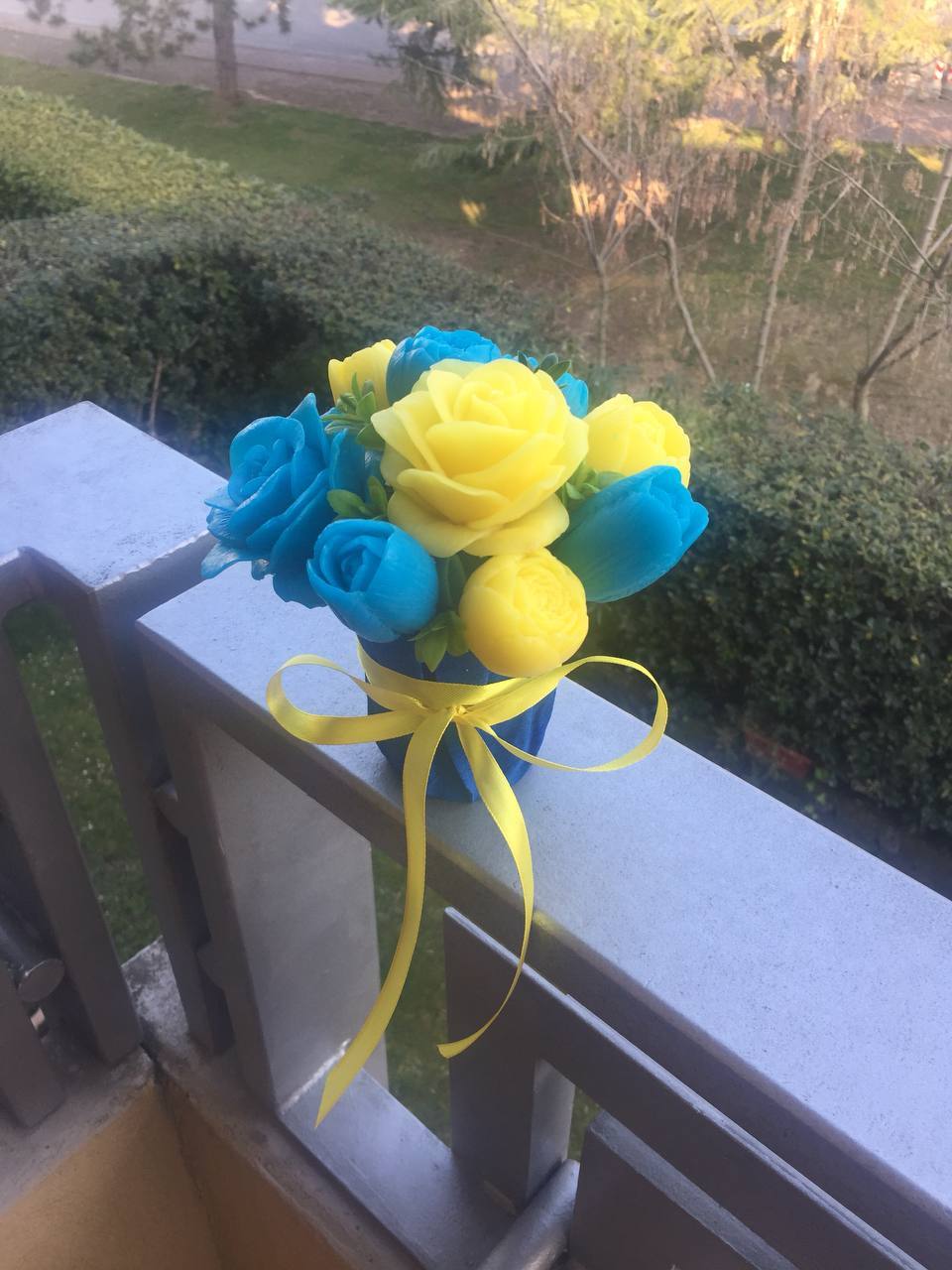 Handmade soap bouquet for decoration or present in colors of Ukraine gift