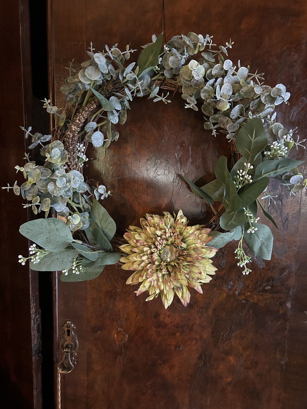 Eucalyptus and Zinnia Grapevine Wreath 12 Inch Handmade NEW Spring Decor