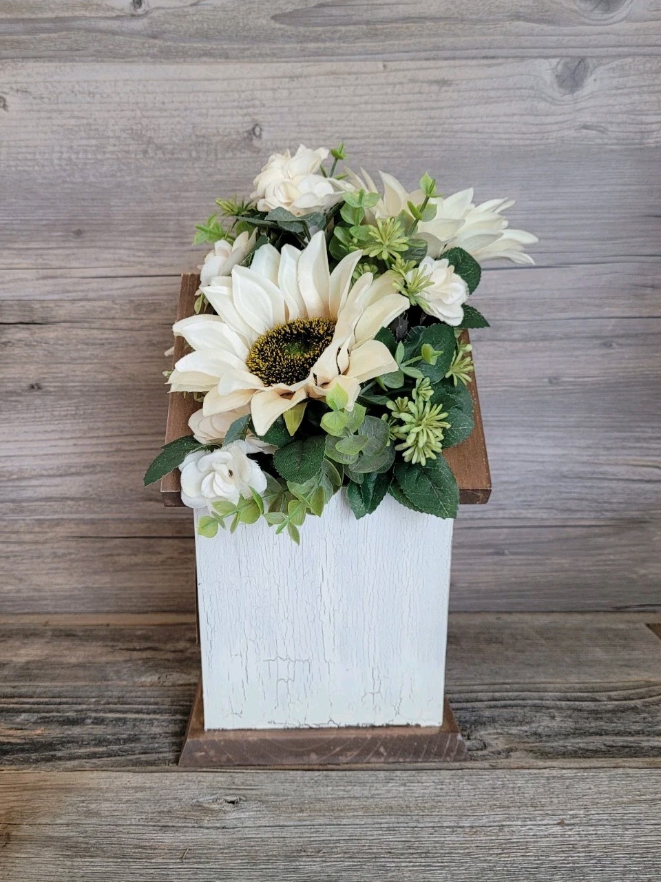 Faux Flower Arrangement Church Wood Box Decor