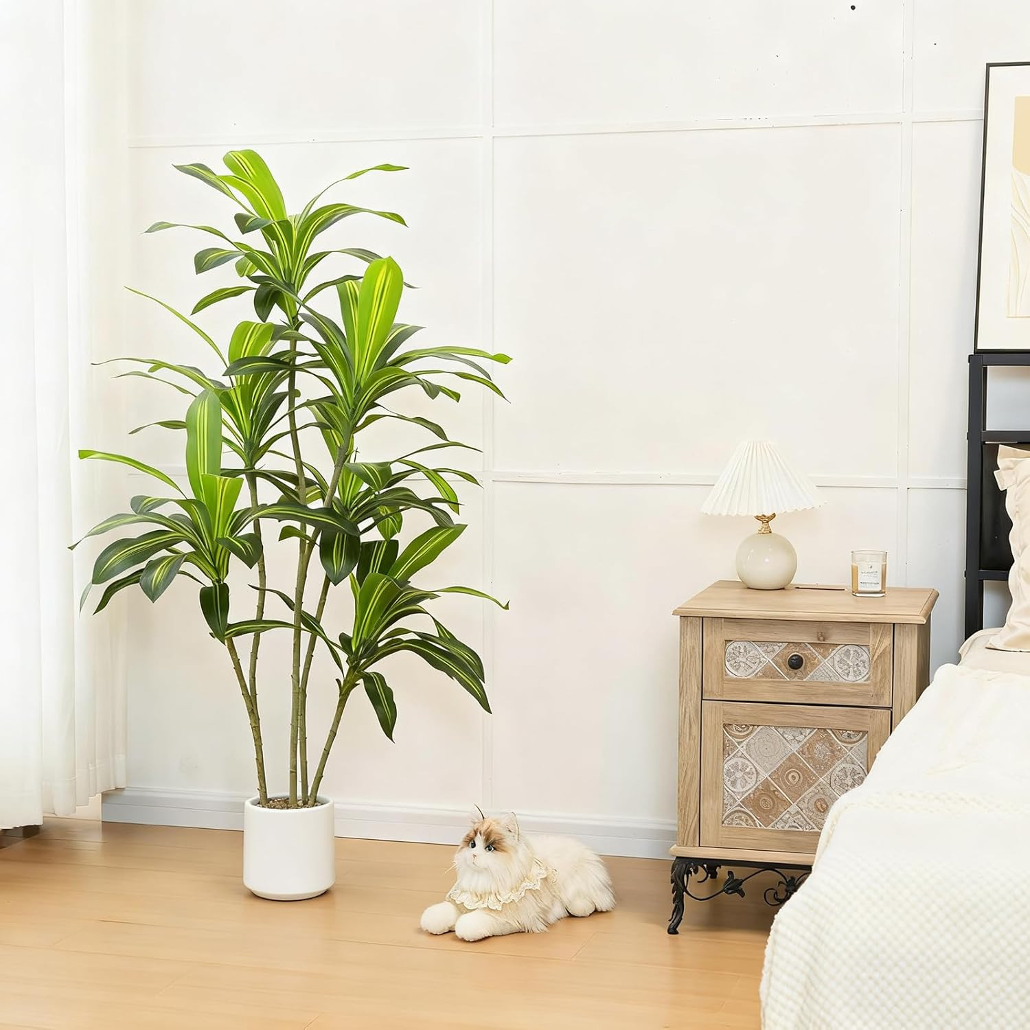 Artificial Dracaena Tree, 5FT Tall Fake Plants with Real Touch Leaves & White Pl