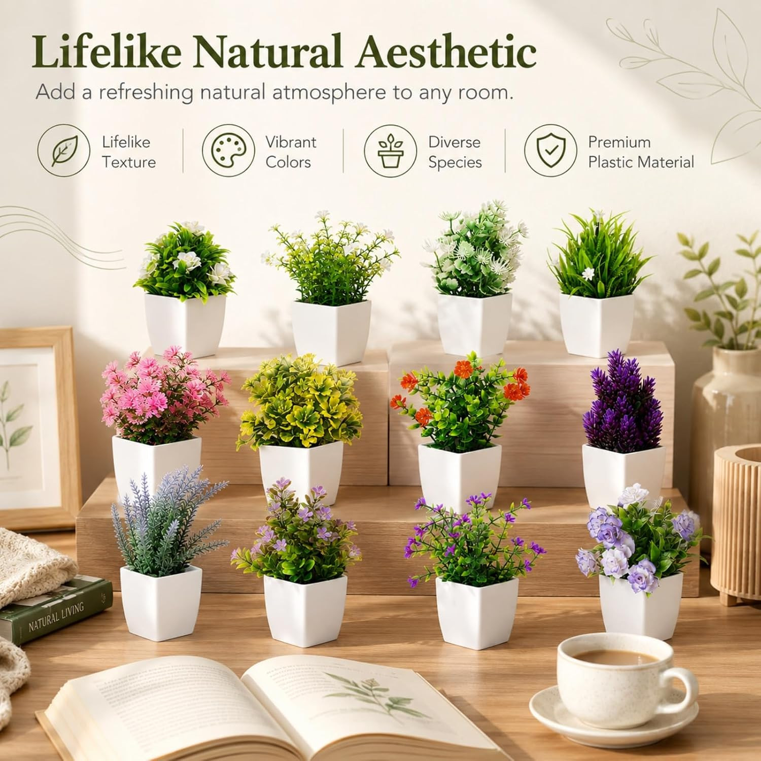 12 Pack Mini Fake Plants in White Pots for Home & Office Decor