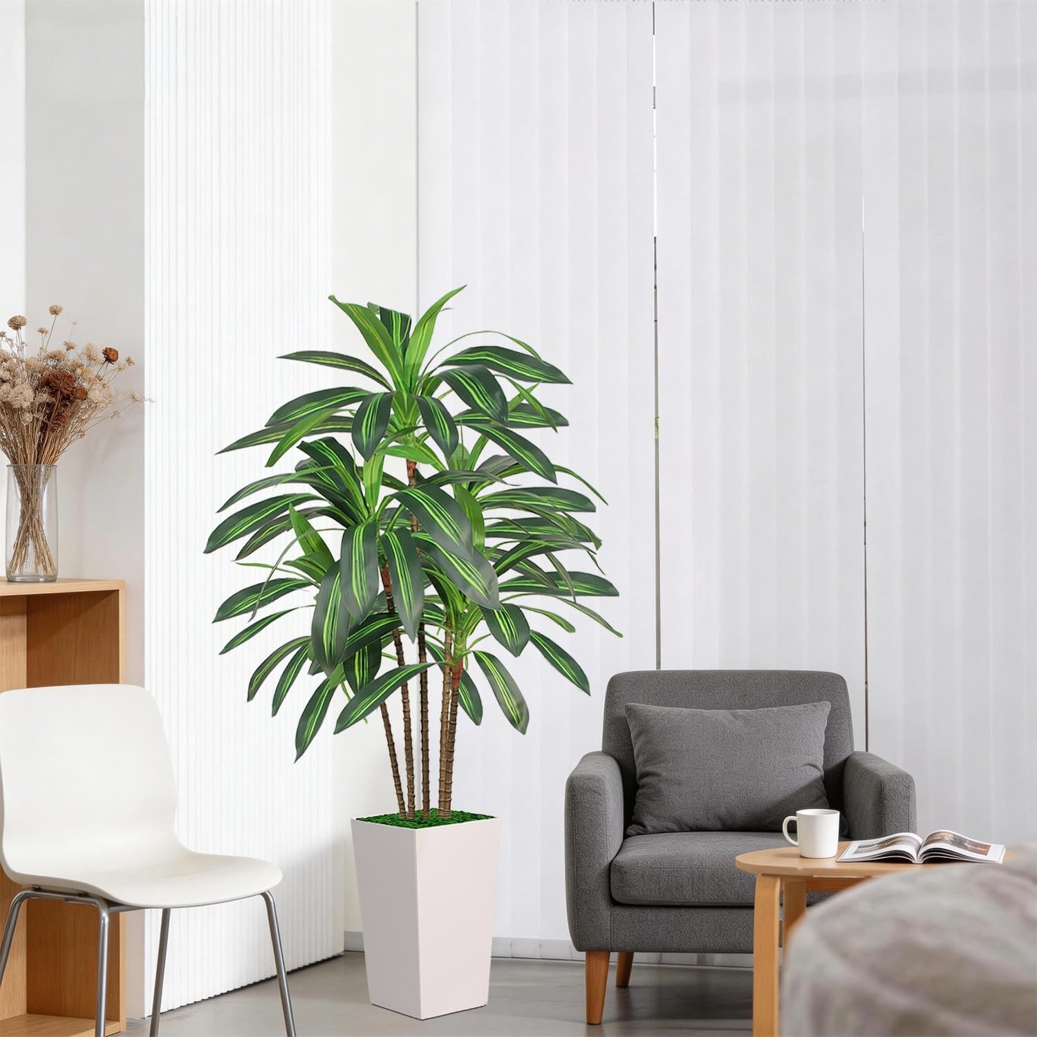Artificial Dracaena Tree 5FT with White Tall Planter, Realistic Faux Tropical