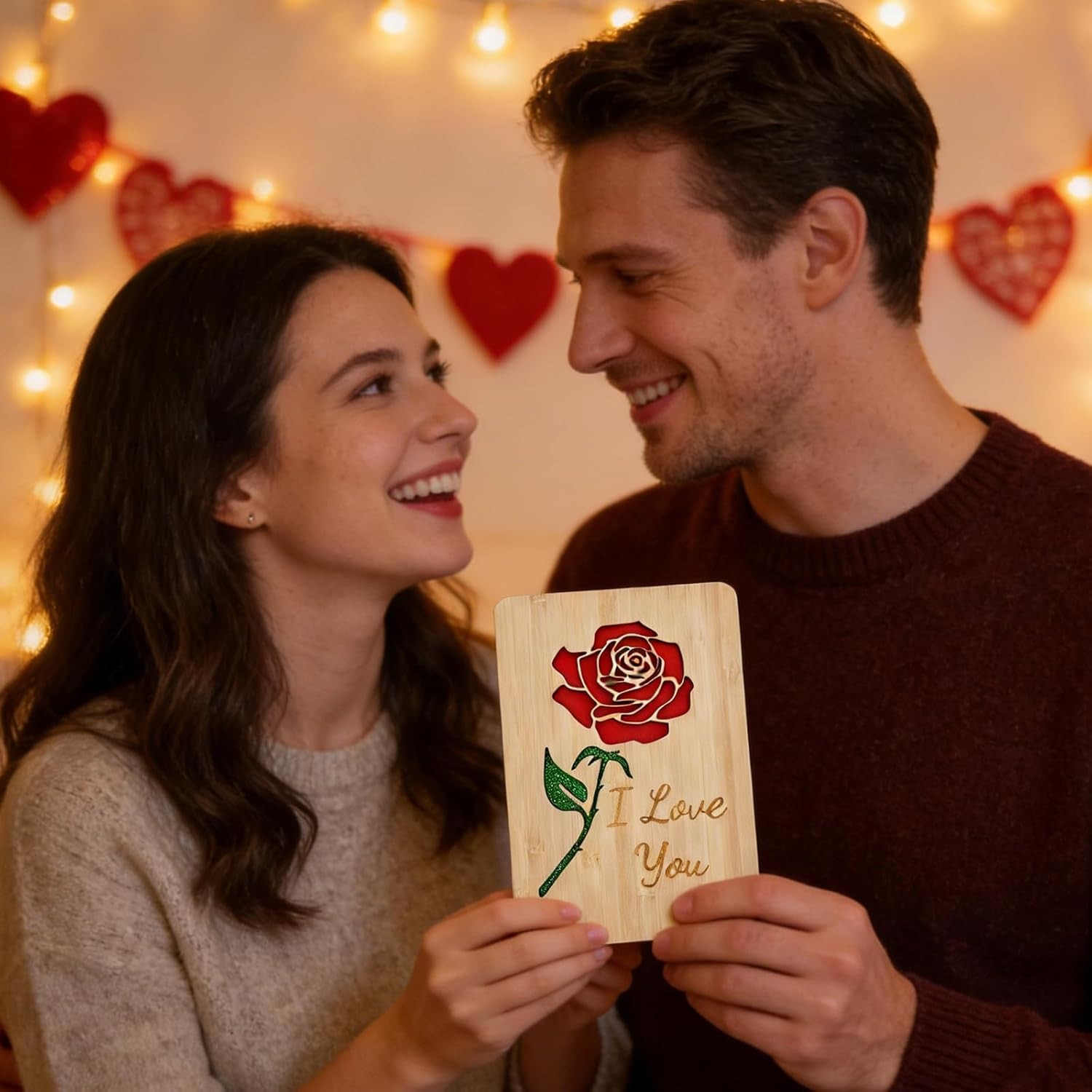 Wooden Valentine Card with Envelope for Her,Him,Romantic “I Love You” Rose C
