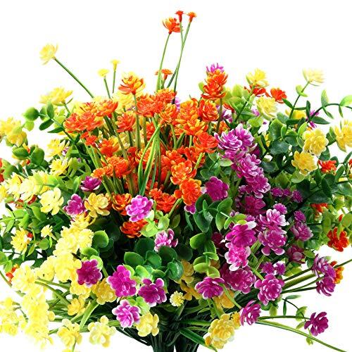 12 Bundles Artificial Flowers Outdoor, UV Resistant Yellow, Orange, Fuchsia
