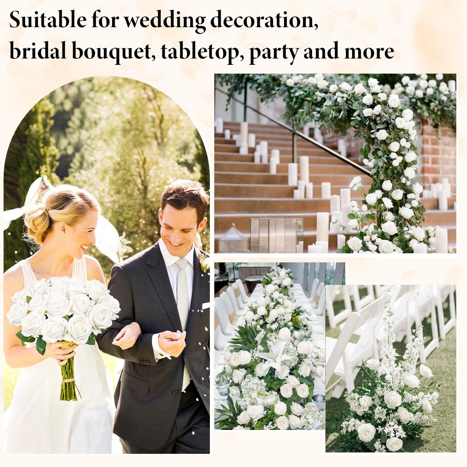Ouddy Decor 100 Pcs Artificial White Roses – Long Stems